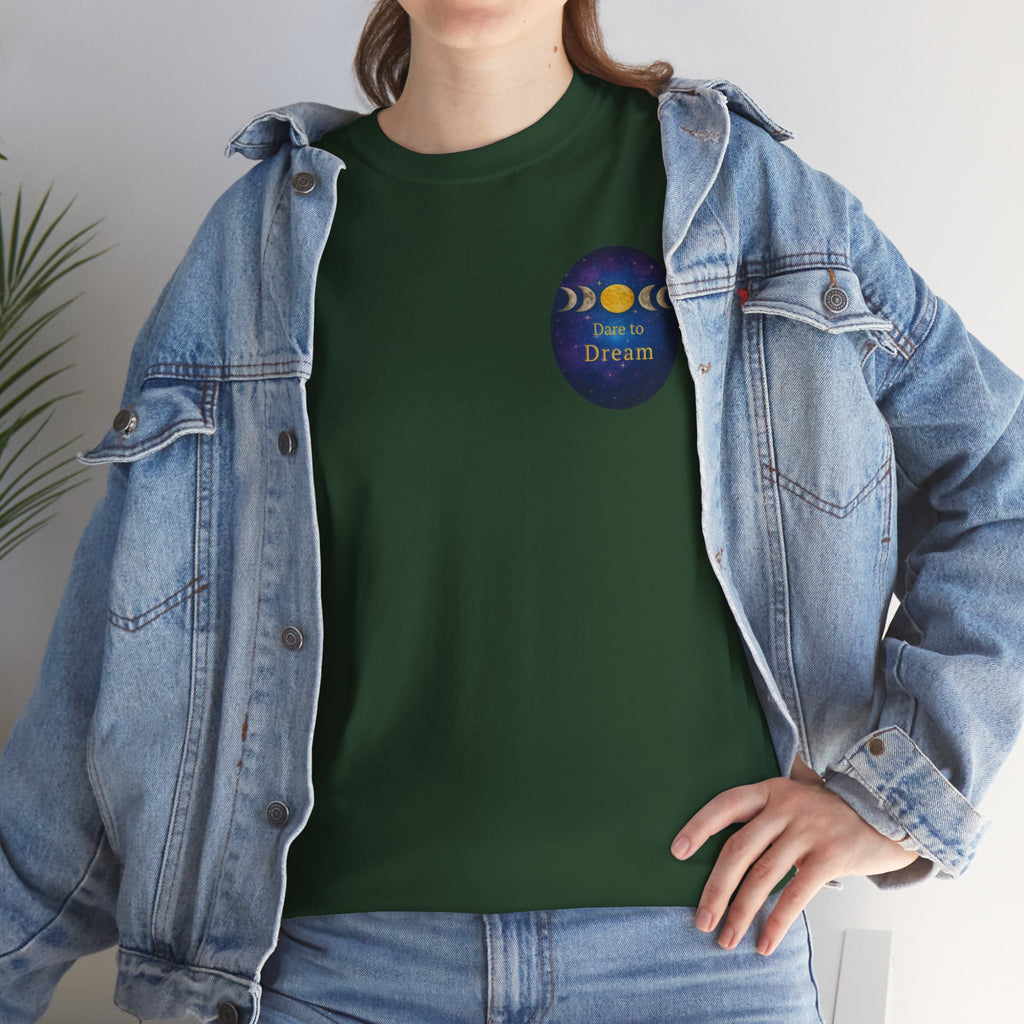 Dare to Dream Moon-Phase Tee – Golden Full Moon Back Print + Front Badge | Gildan 5000 Heavy Cotton, Inspirational and Motivational Apparel, Gift for Dreamers, Creative Expression Wear