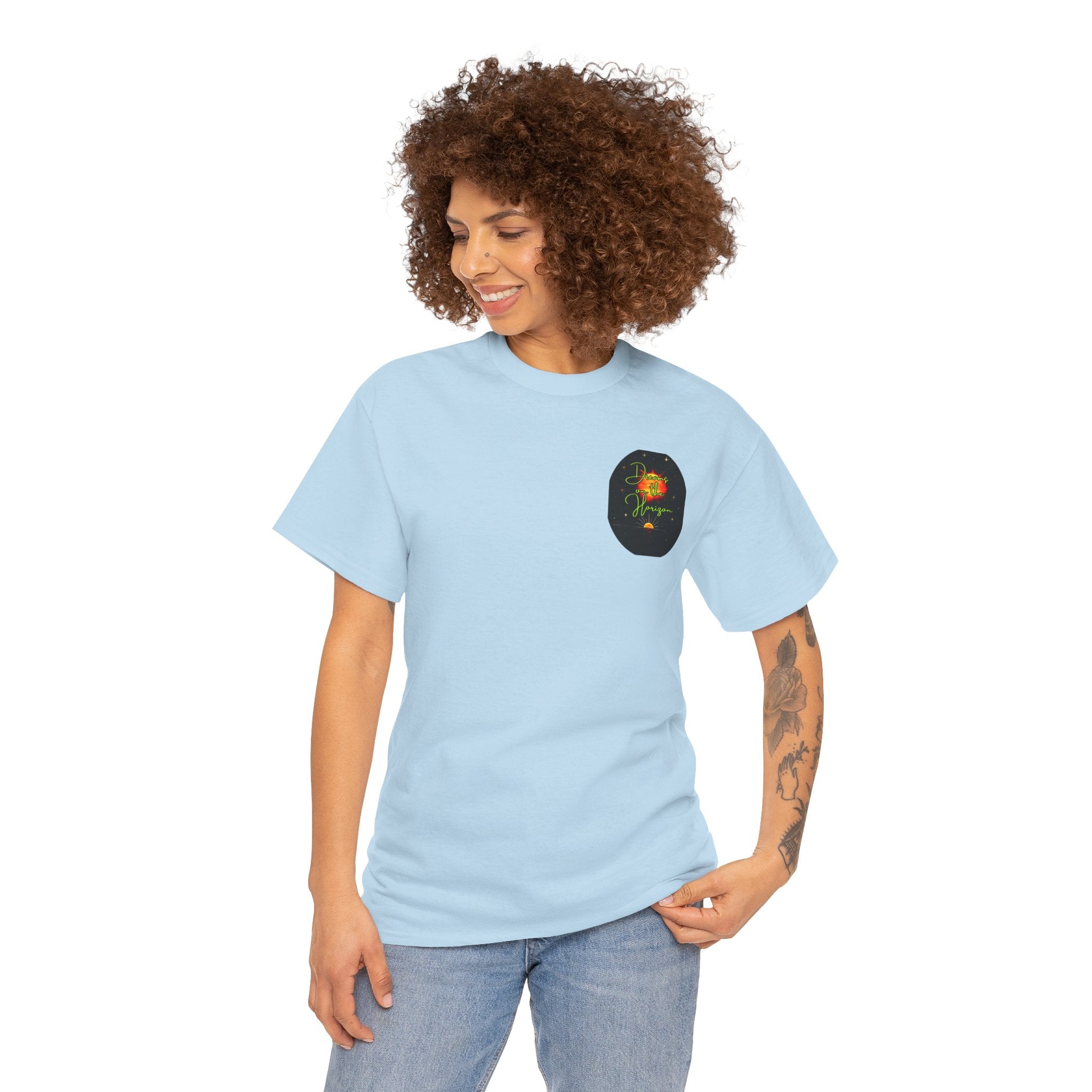 Dreams on the Horizon (Lemongrass) – Sunrise Back-Print Heavy Cotton Tee, Inspirational and Motivational Apparel, Gift for Dreamers, Creative Expression Wear