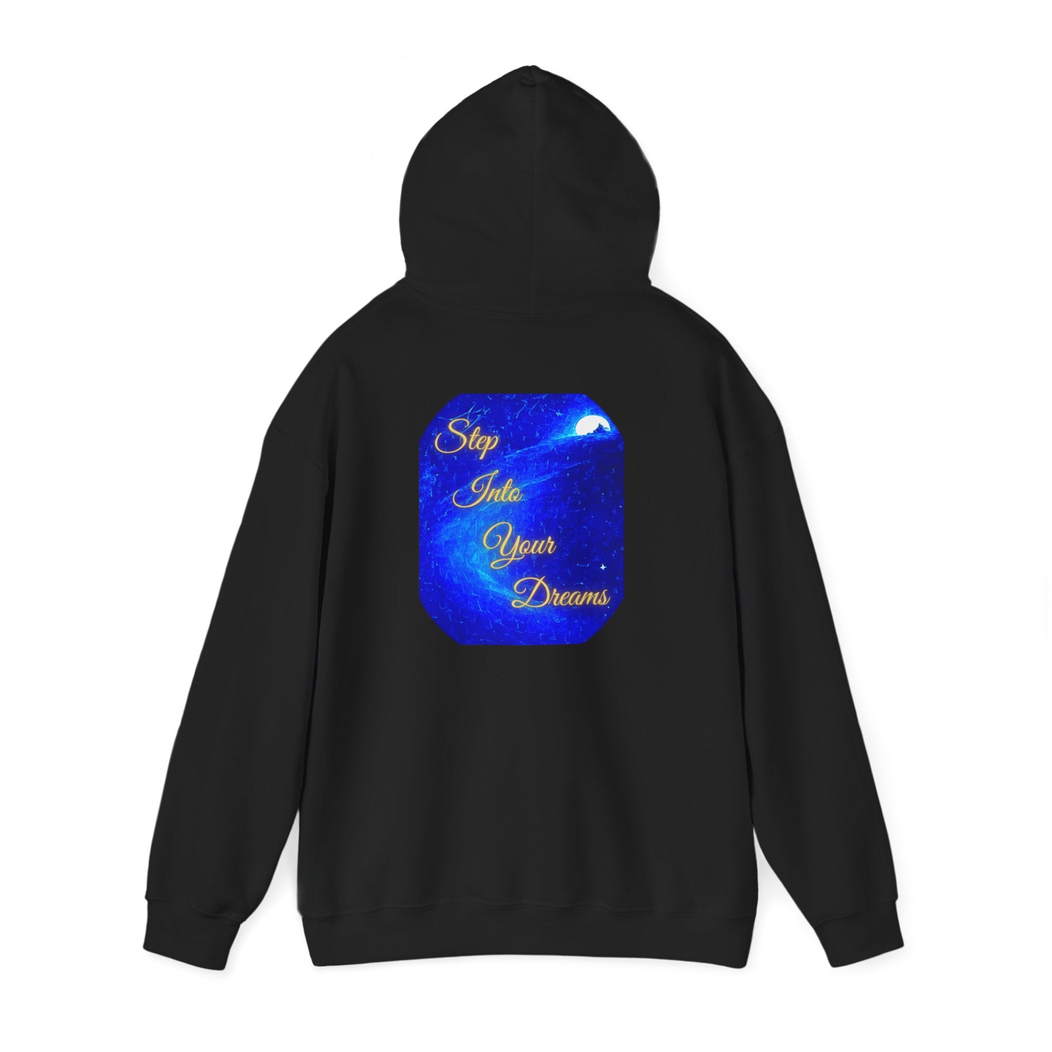 Step Into Your Dreams – Cosmic Gateway Back-print Hoodie | Tiny front badge | Gildan Heavy Blend™. Inspirational and Motivational Apparel, Gift for Dreamers, Creative Expression