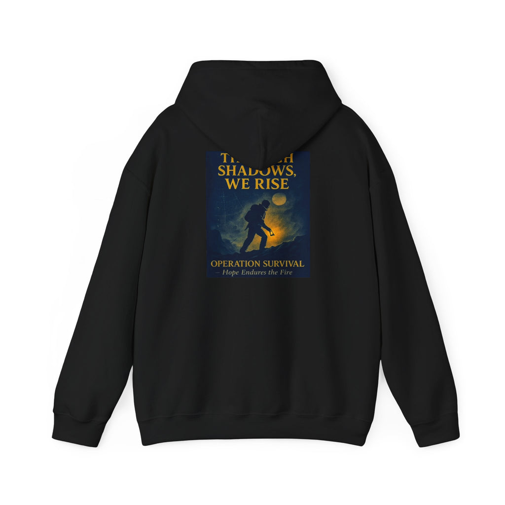 Through Shadows, We Rise – Back-print Cinematic Artwork Operation Survival Hoodie  | Gildan Heavy Blend™ 18500 — Inspirational and Motivational Apparel, Gift for Dreamers, Creative Expression Wear