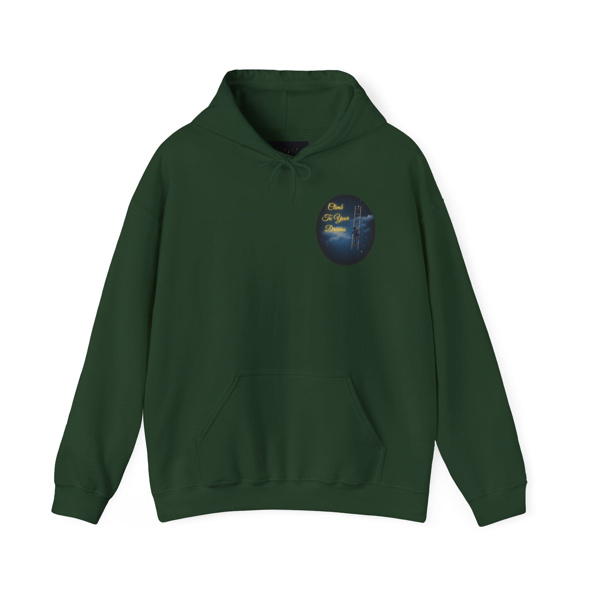 Climb To Your Dreams – Starry Night Ladder-to-Moon Back-Print Hoodie + Front Badge | Gildan 18500, Inspirational and Motivational Apparel, Gift for Dreamers, Creative Expression Wear
