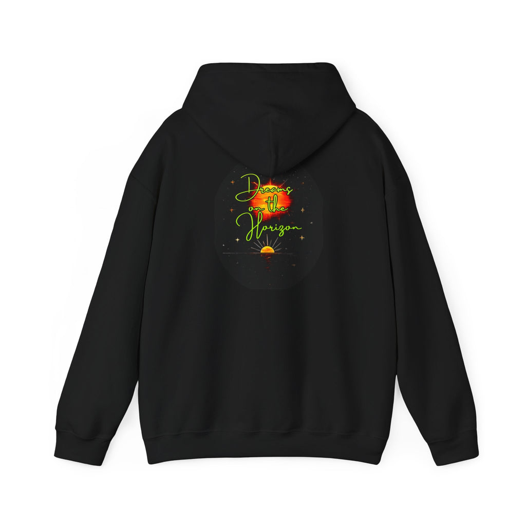 Dreams on the Horizon (Lemongrass) Sunrise Back Print Hooded Sweatshirt, Inspirational and Motivational Apparel, Gift for Dreamers, Creative Expression Wear