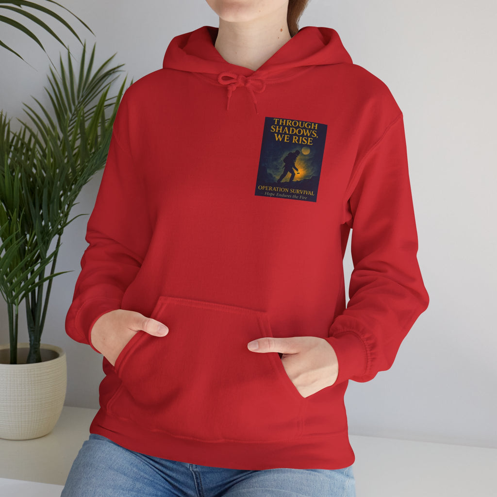 Through Shadows, We Rise – Back-print Cinematic Artwork Operation Survival Hoodie  | Gildan Heavy Blend™ 18500 — Inspirational and Motivational Apparel, Gift for Dreamers, Creative Expression Wear