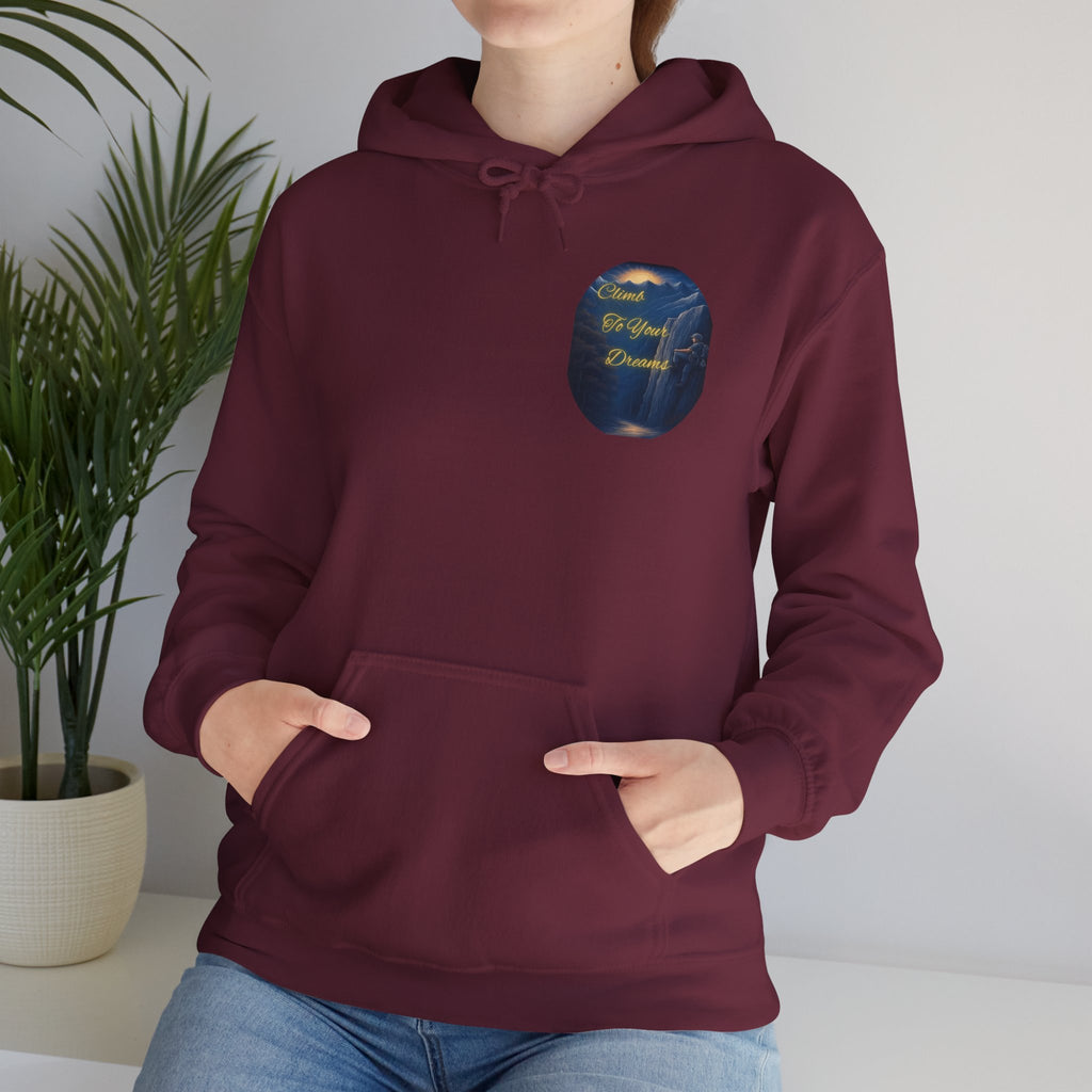 Climb To Your Dreams - Mountain Sunrise Hoodie | Back Glow Print + Front Badge | Heavy Blend™, Inspirational and Motivational Apparel, Gift for Dreamers, Creative Expression Wear