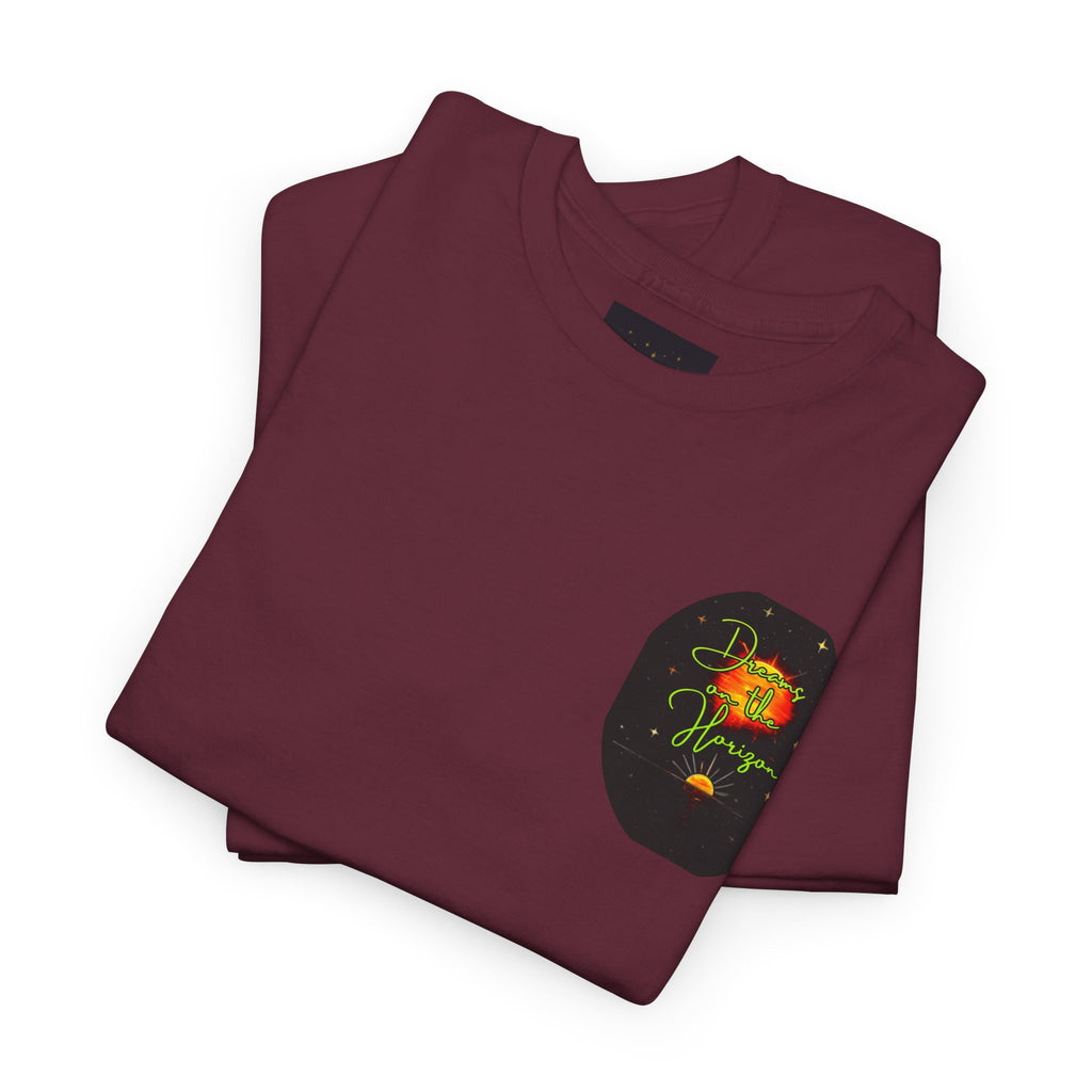 Dreams on the Horizon (Lemongrass) – Sunrise Back-Print Heavy Cotton Tee, Inspirational and Motivational Apparel, Gift for Dreamers, Creative Expression Wear