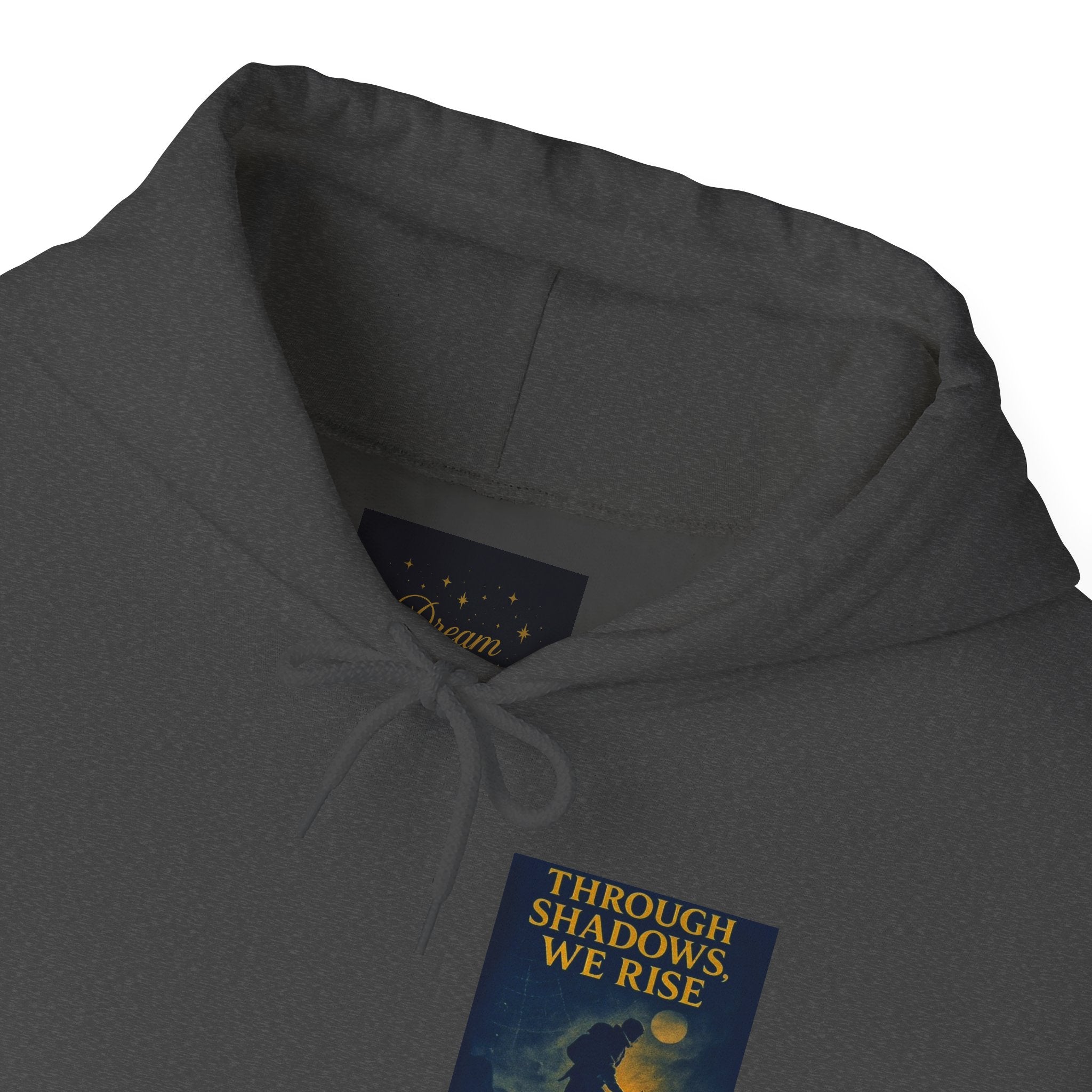 Through Shadows, We Rise – Back-print Cinematic Artwork Operation Survival Hoodie  | Gildan Heavy Blend™ 18500 — Inspirational and Motivational Apparel, Gift for Dreamers, Creative Expression Wear