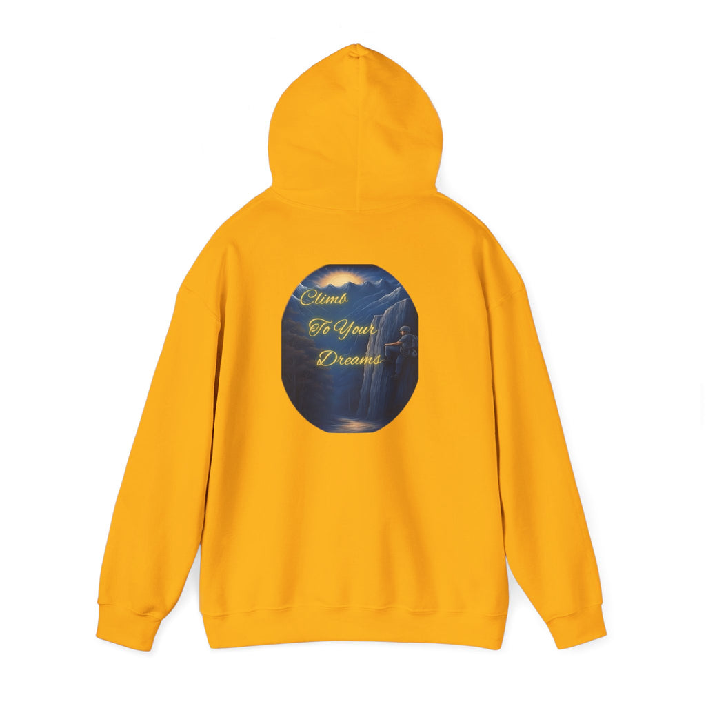 Climb To Your Dreams - Mountain Sunrise Hoodie | Back Glow Print + Front Badge | Heavy Blend™, Inspirational and Motivational Apparel, Gift for Dreamers, Creative Expression Wear