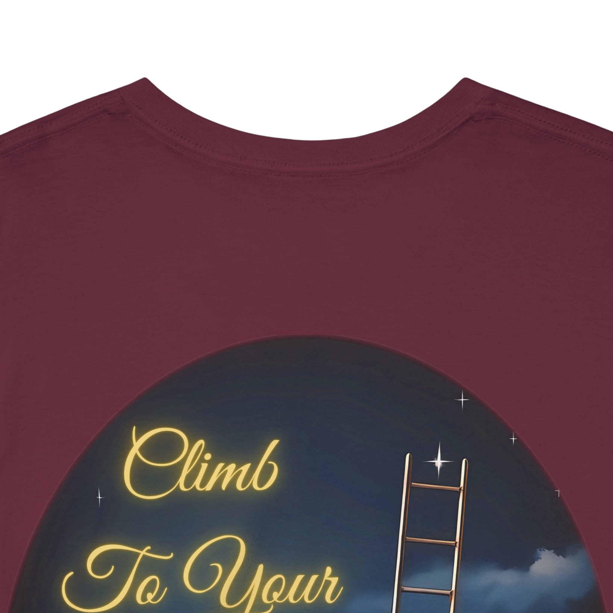 Climb To Your Dreams – Starry Night Ladder Back-Print Tee + Front Badge | Gildan 5000, Inspirational and Motivational Apparel, Gift for Dreamers, Creative Expression Wear