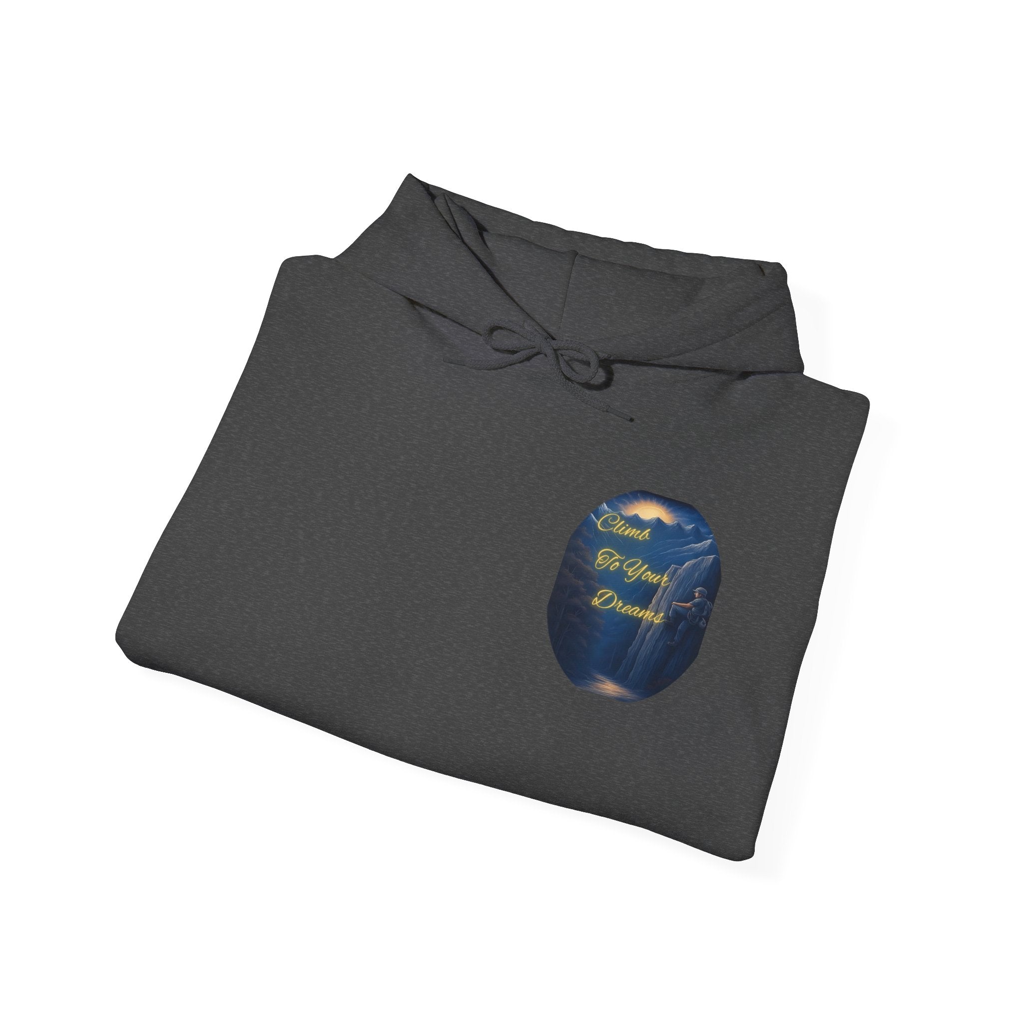Climb To Your Dreams - Mountain Sunrise Hoodie | Back Glow Print + Front Badge | Heavy Blend™, Inspirational and Motivational Apparel, Gift for Dreamers, Creative Expression Wear