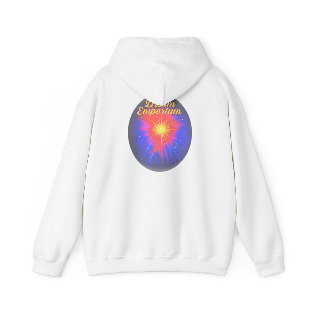 Dream Emporium – Back Printed Radiant Starburst Heavy Blend™ Hooded Sweatshirt, Inspirational and Motivational Apparel, Gift for Dreamers, Creative Expression Wear