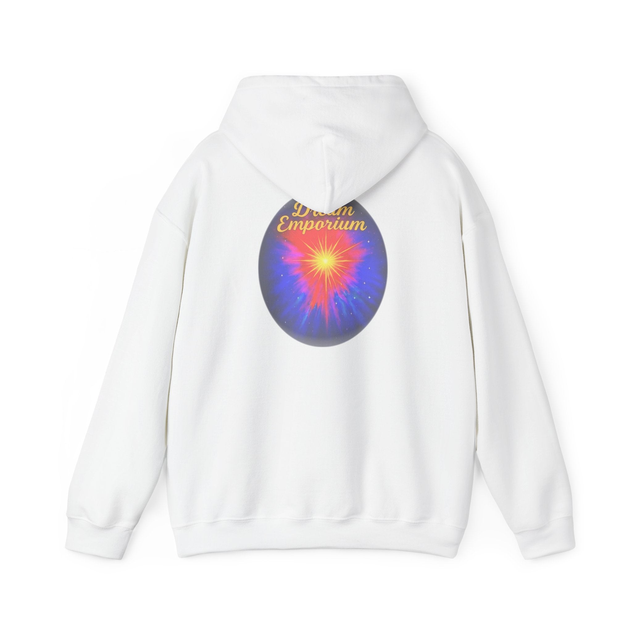 Dream Emporium – Back Printed Radiant Starburst Heavy Blend™ Hooded Sweatshirt, Inspirational and Motivational Apparel, Gift for Dreamers, Creative Expression Wear