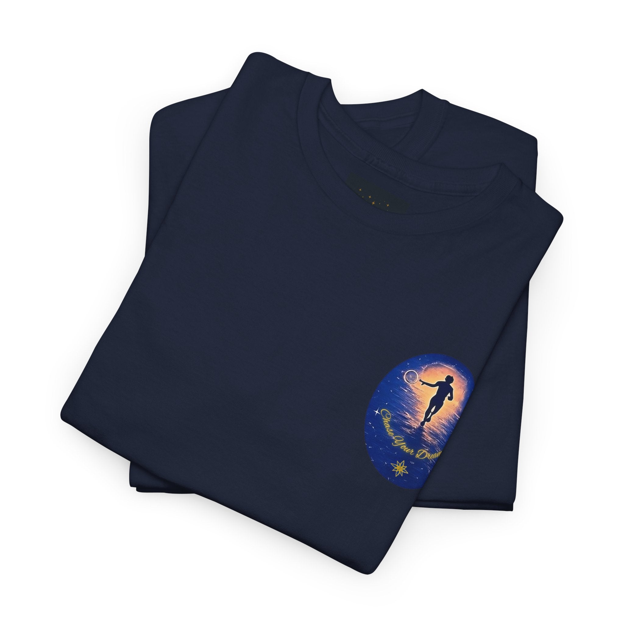 Chase Your Dreams – Sunrise Silhouette Back Printed Heavy Cotton Tee, Inspirational and Motivational Apparel, Gift for Dreamers, Creative Expression Wear