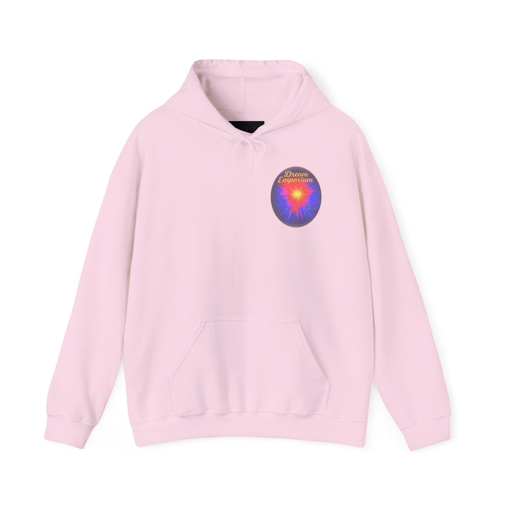 Dream Emporium – Back Printed Radiant Starburst Heavy Blend™ Hooded Sweatshirt, Inspirational and Motivational Apparel, Gift for Dreamers, Creative Expression Wear