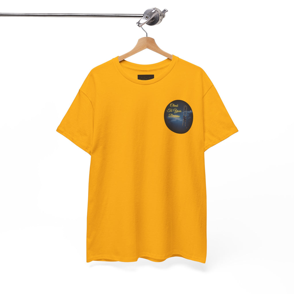 Climb To Your Dreams – Starry Night Ladder Back-Print Tee + Front Badge | Gildan 5000, Inspirational and Motivational Apparel, Gift for Dreamers, Creative Expression Wear