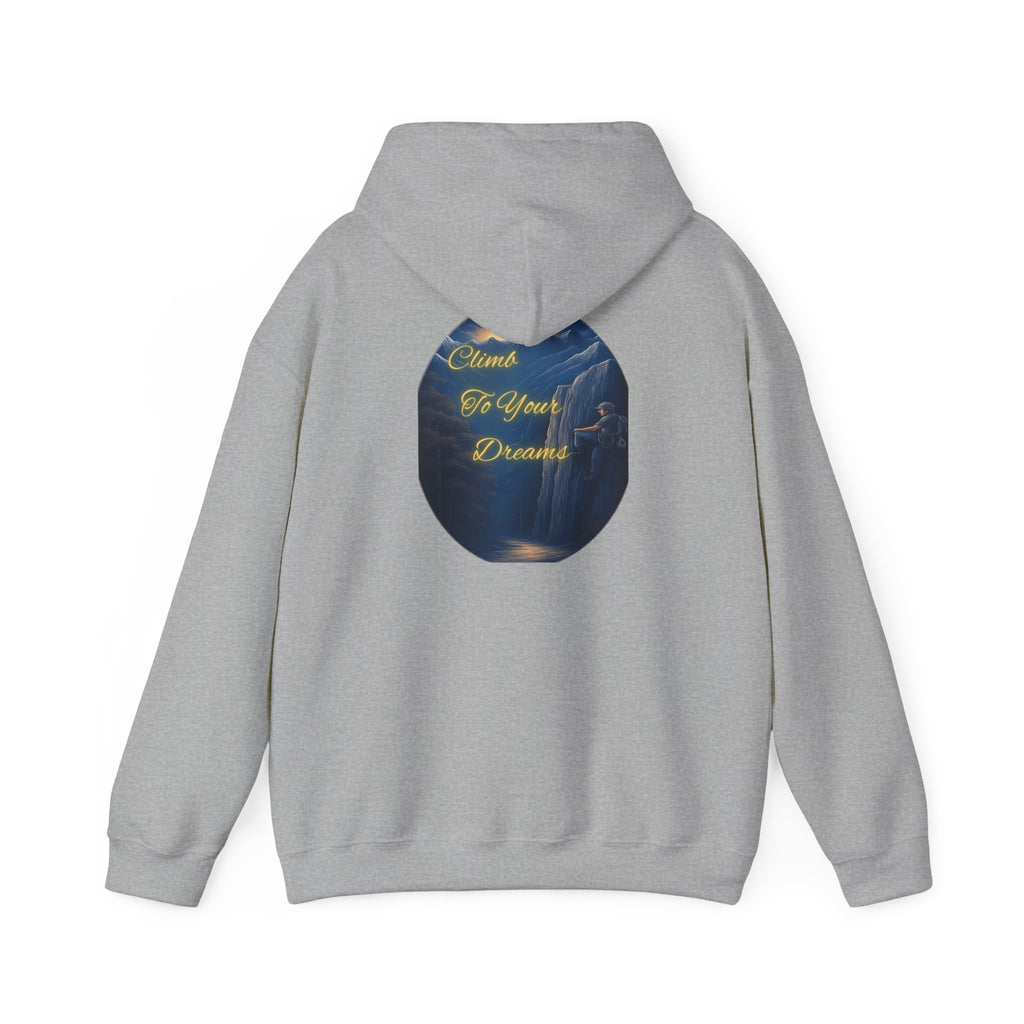 Climb To Your Dreams - Mountain Sunrise Hoodie | Back Glow Print + Front Badge | Heavy Blend™, Inspirational and Motivational Apparel, Gift for Dreamers, Creative Expression Wear