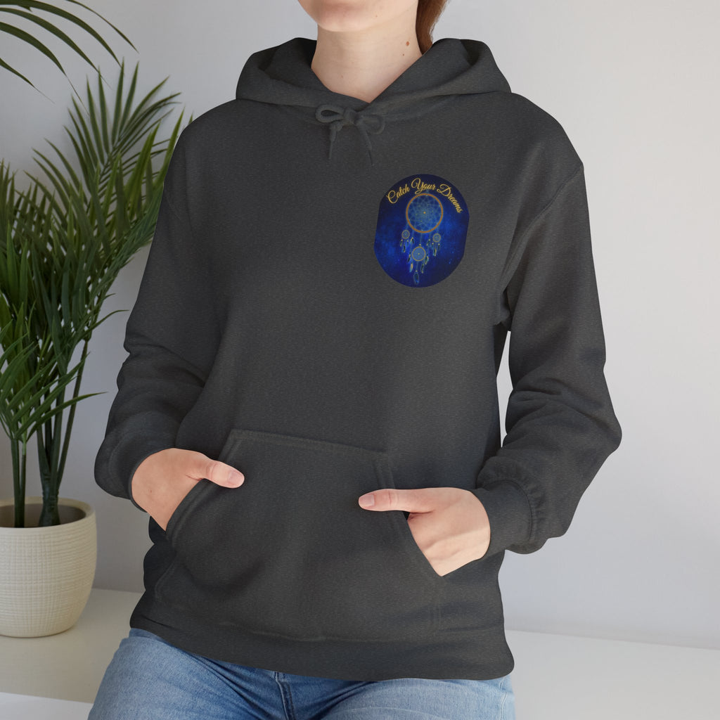 Catch Your Dream – Dreamcatcher Back Print Hooded Sweatshirt, Inspirational and Motivational Apparel, Gift for Dreamers, Creative Expression Wear