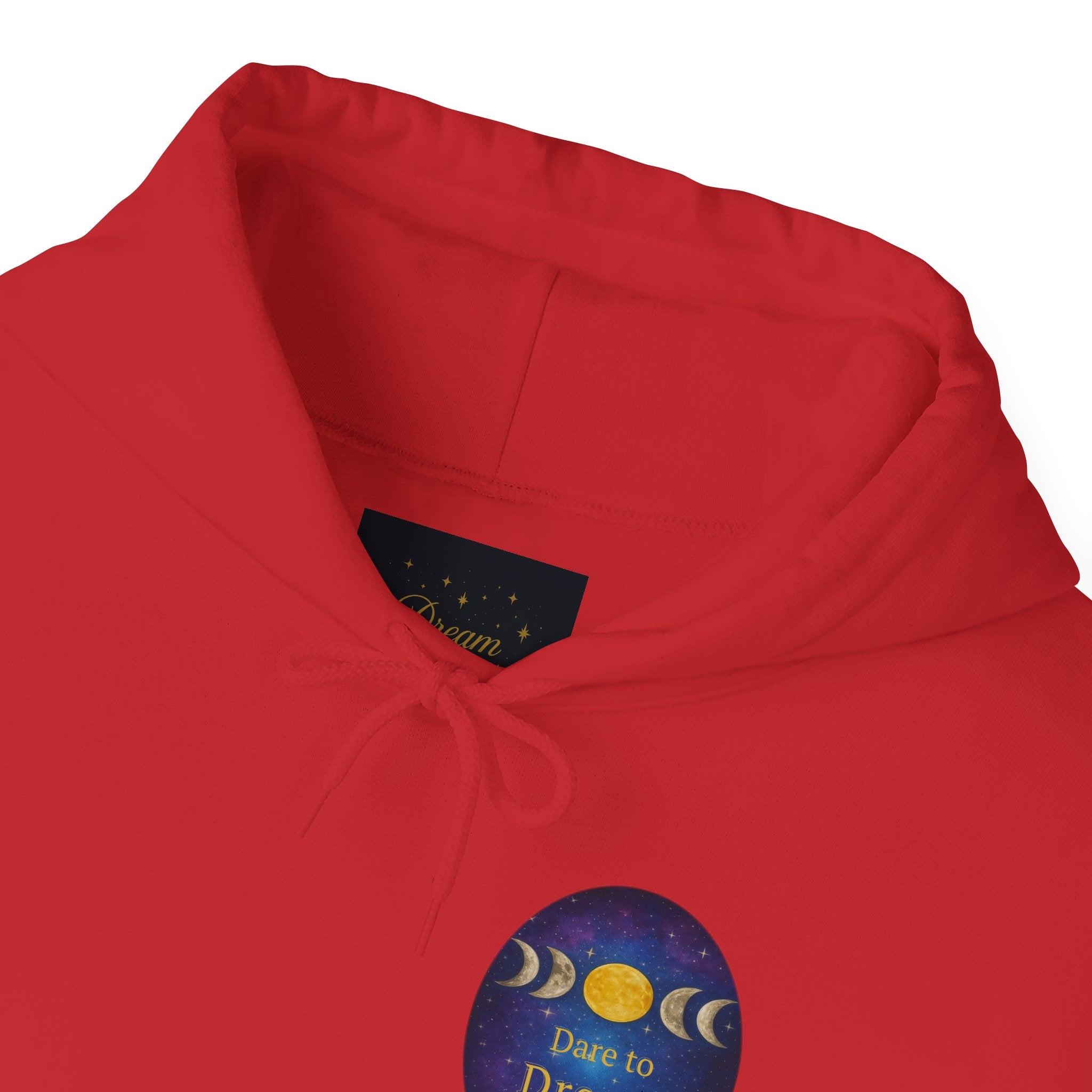 Dare to Dream Moon-Phase Hoodie | Back Glow Print + Front Badge | Heavy Blend™, Inspirational and Motivational Apparel, Gift for Dreamers, Creative Expression Wear