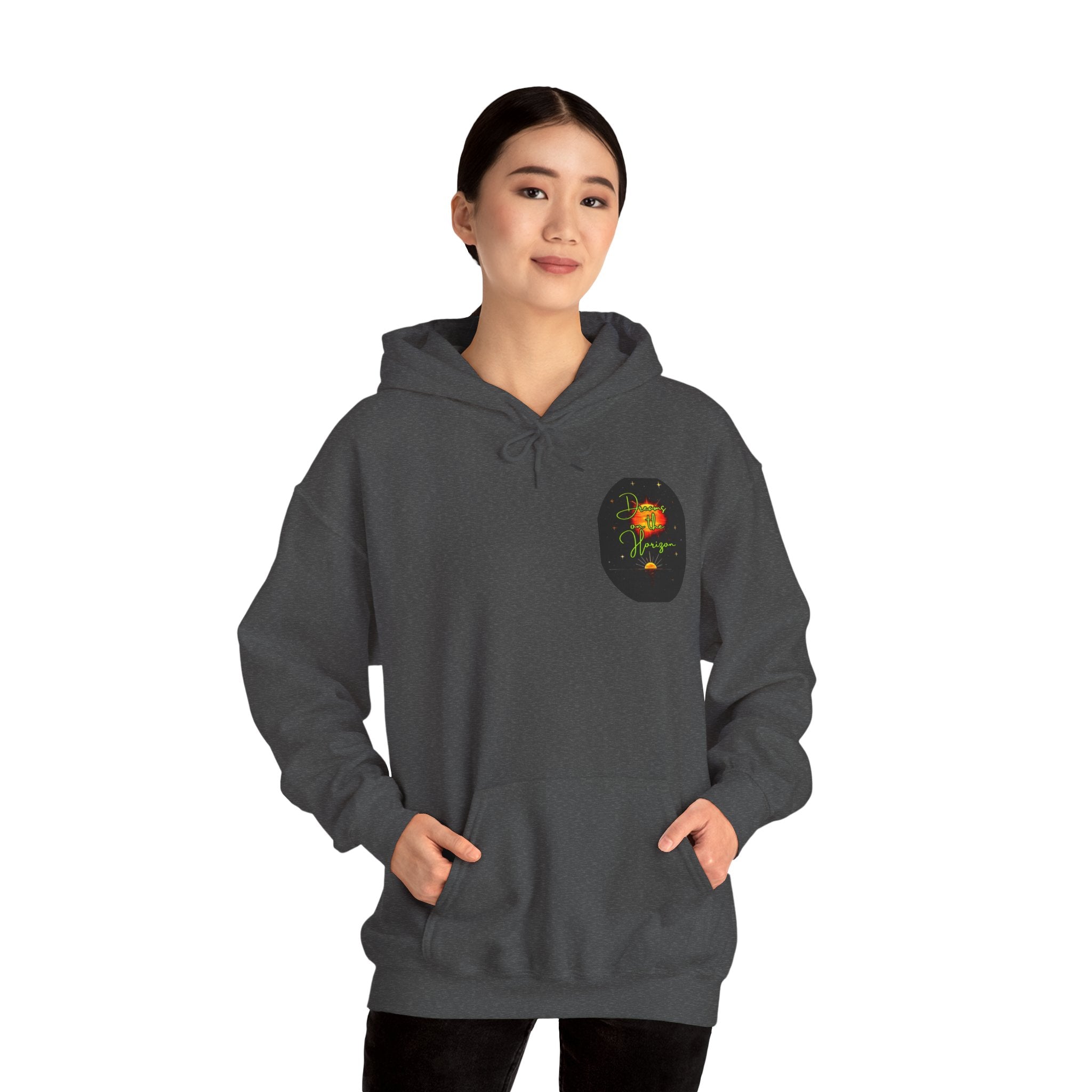 Dreams on the Horizon (Lemongrass) Sunrise Back Print Hooded Sweatshirt, Inspirational and Motivational Apparel, Gift for Dreamers, Creative Expression Wear