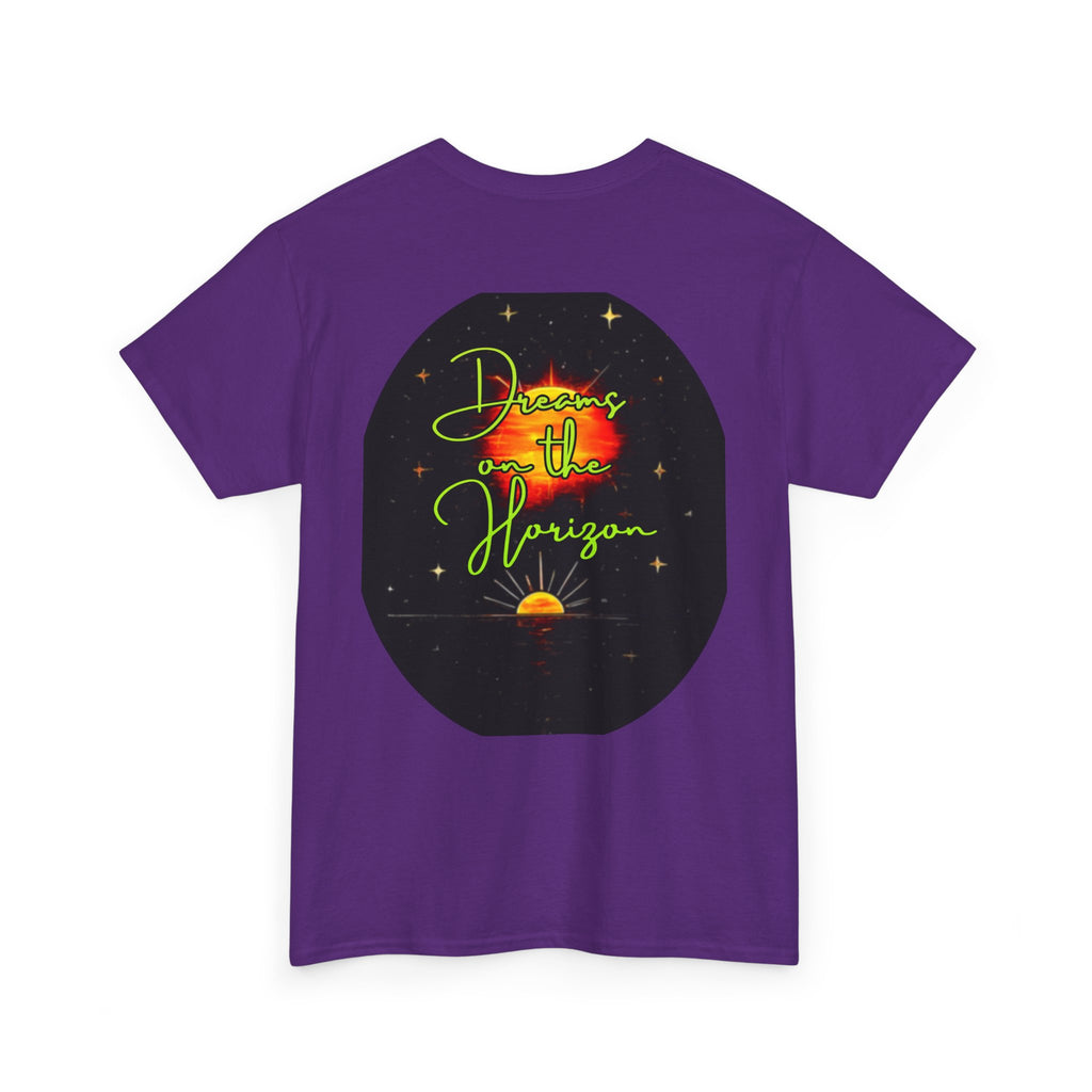 Dreams on the Horizon (Lemongrass) – Sunrise Back-Print Heavy Cotton Tee, Inspirational and Motivational Apparel, Gift for Dreamers, Creative Expression Wear