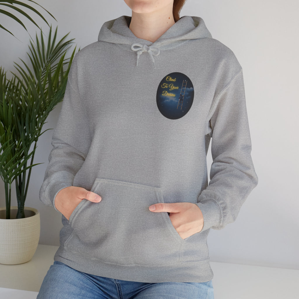 Climb To Your Dreams – Starry Night Ladder-to-Moon Back-Print Hoodie + Front Badge | Gildan 18500, Inspirational and Motivational Apparel, Gift for Dreamers, Creative Expression Wear