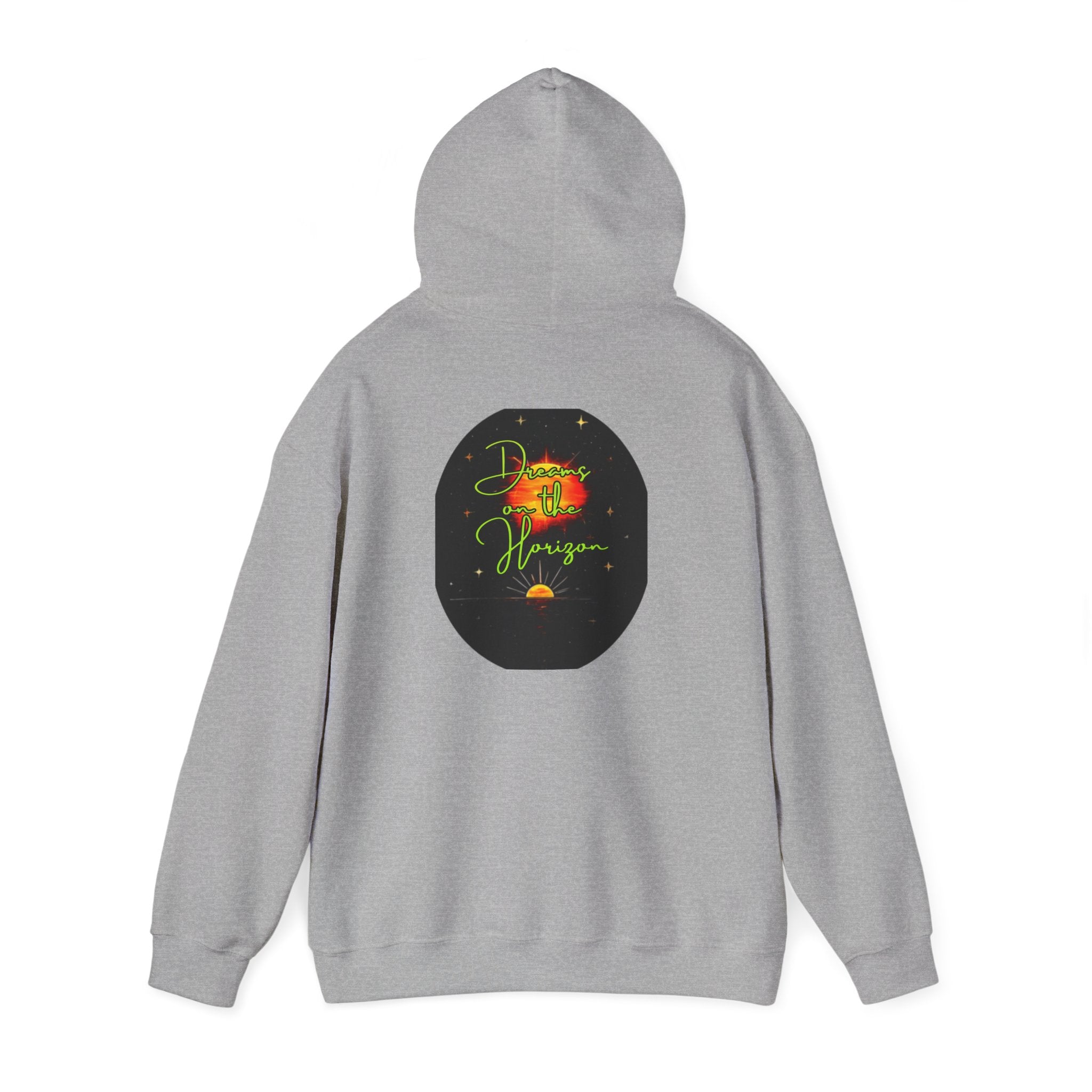 Dreams on the Horizon (Lemongrass) Sunrise Back Print Hooded Sweatshirt, Inspirational and Motivational Apparel, Gift for Dreamers, Creative Expression Wear