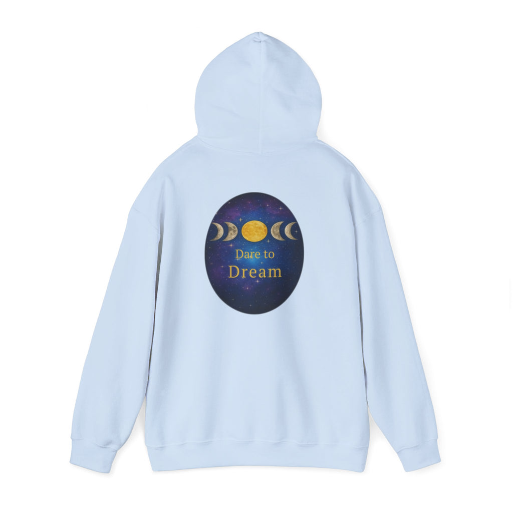 Dare to Dream Moon-Phase Hoodie | Back Glow Print + Front Badge | Heavy Blend™, Inspirational and Motivational Apparel, Gift for Dreamers, Creative Expression Wear