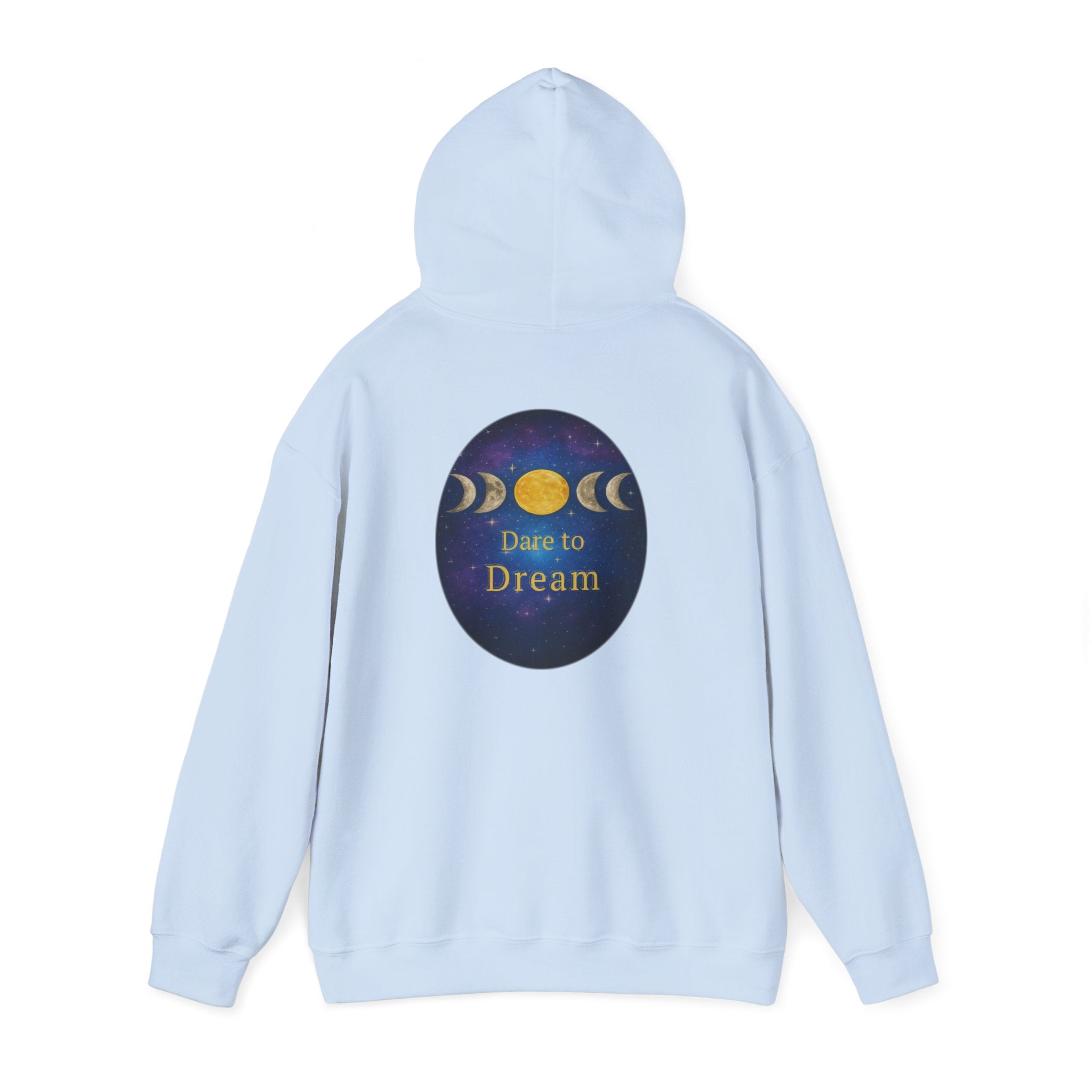 Dare to Dream Moon-Phase Hoodie | Back Glow Print + Front Badge | Heavy Blend™, Inspirational and Motivational Apparel, Gift for Dreamers, Creative Expression Wear