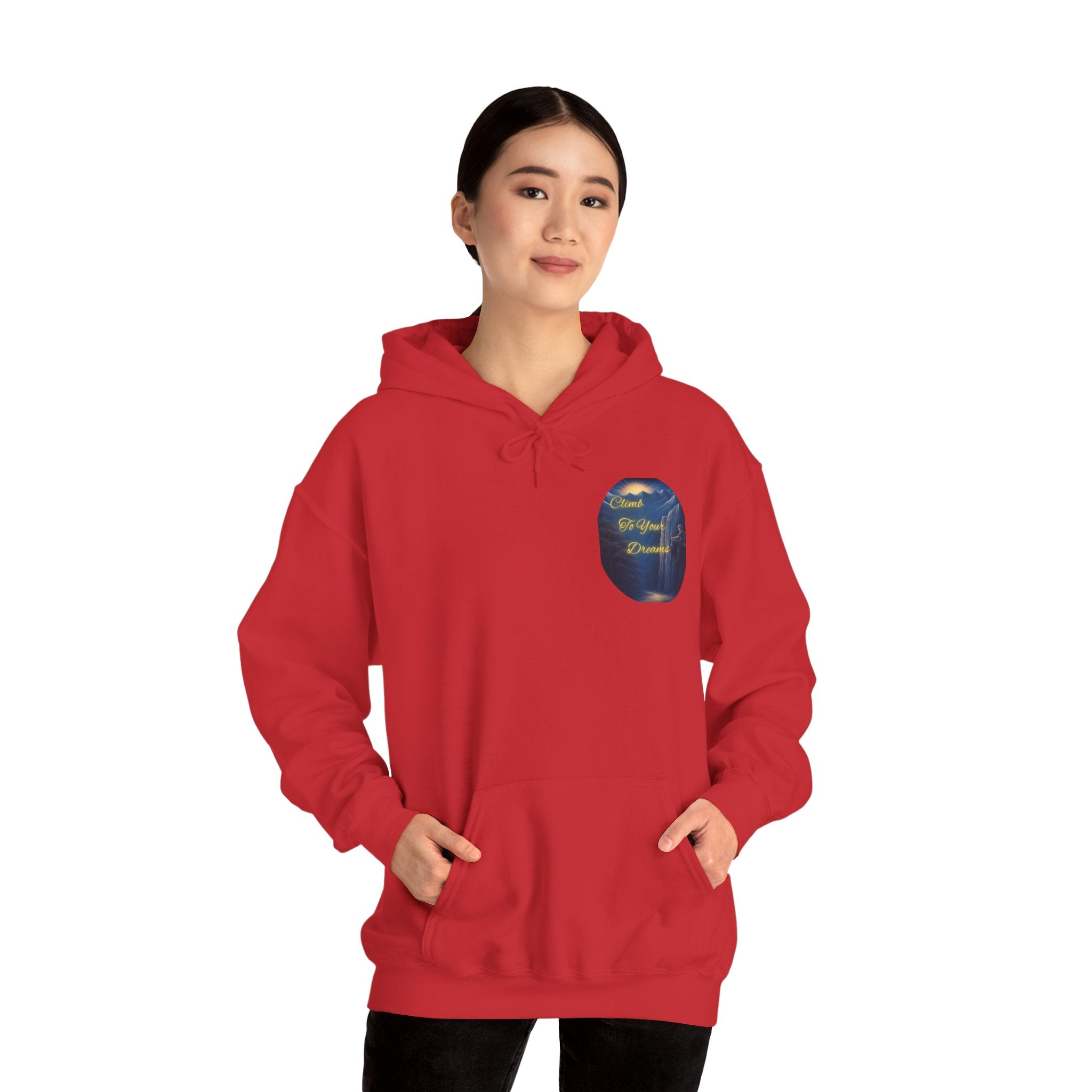 Climb To Your Dreams - Mountain Sunrise Hoodie | Back Glow Print + Front Badge | Heavy Blend™, Inspirational and Motivational Apparel, Gift for Dreamers, Creative Expression Wear