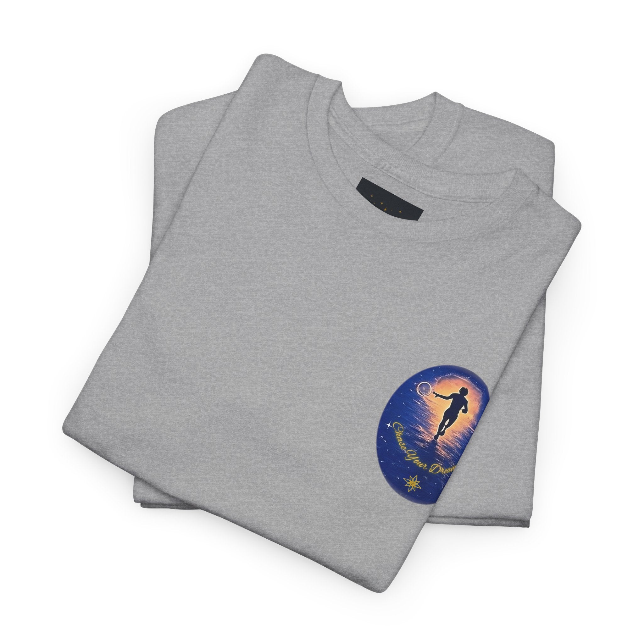 Chase Your Dreams – Sunrise Silhouette Back Printed Heavy Cotton Tee, Inspirational and Motivational Apparel, Gift for Dreamers, Creative Expression Wear