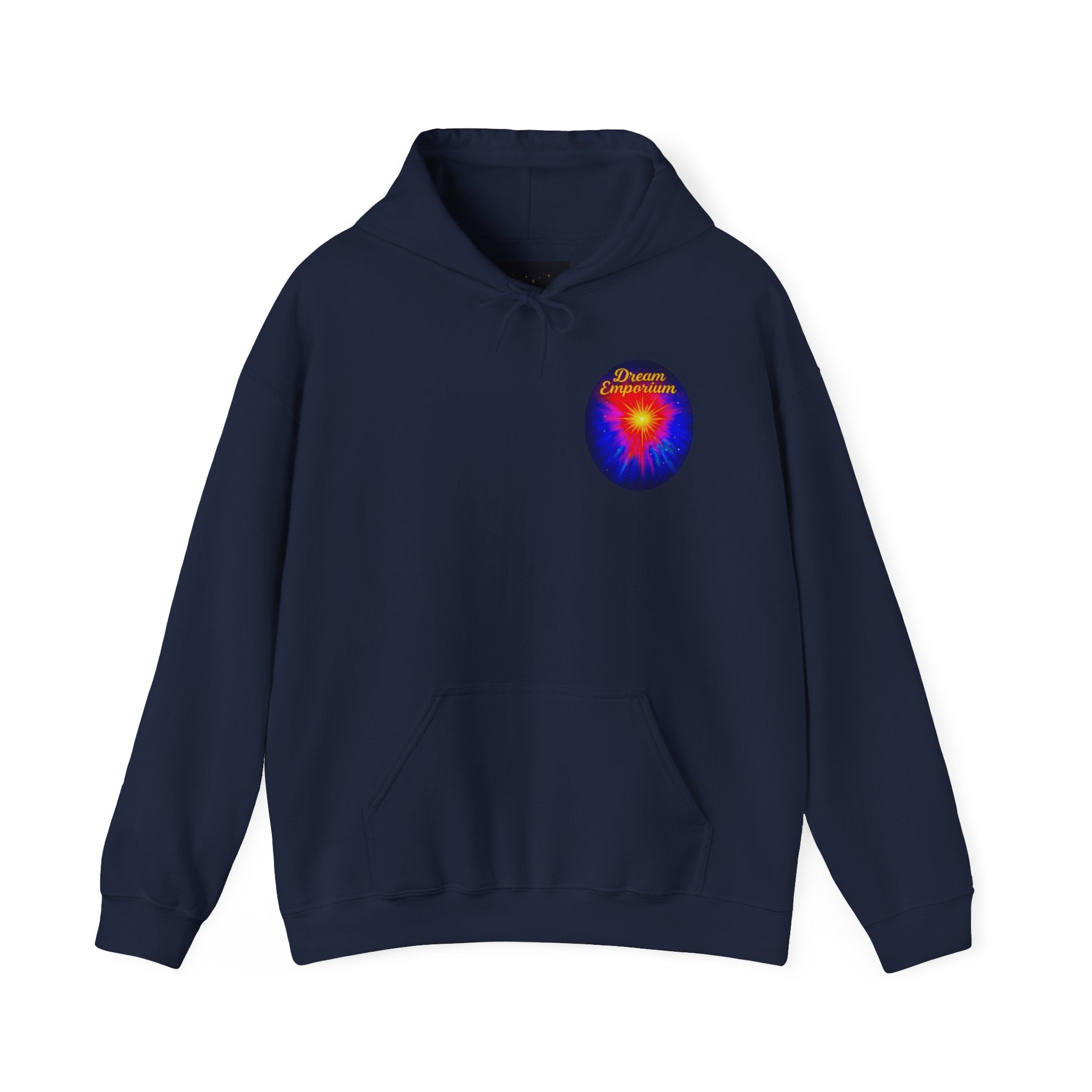 Dream Emporium – Back Printed Radiant Starburst Heavy Blend™ Hooded Sweatshirt, Inspirational and Motivational Apparel, Gift for Dreamers, Creative Expression Wear