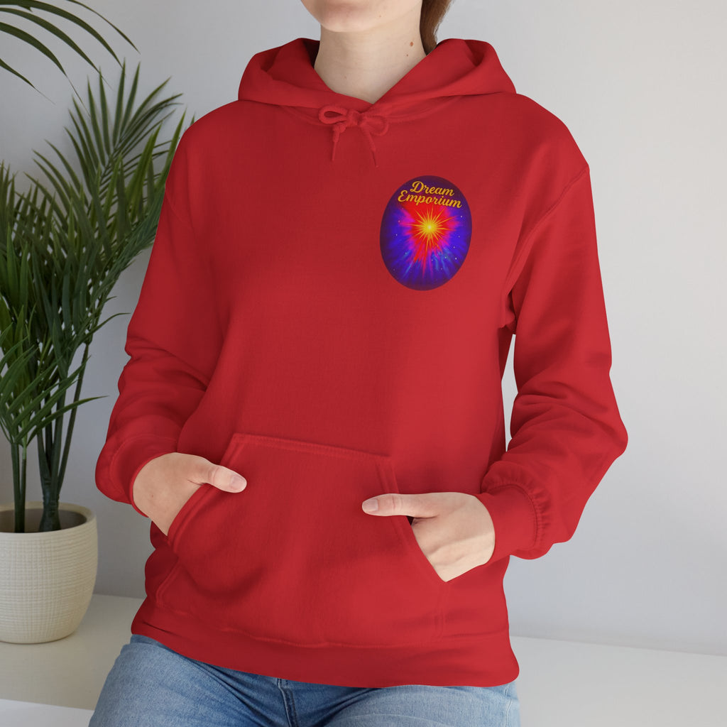 Dream Emporium – Back Printed Radiant Starburst Heavy Blend™ Hooded Sweatshirt, Inspirational and Motivational Apparel, Gift for Dreamers, Creative Expression Wear