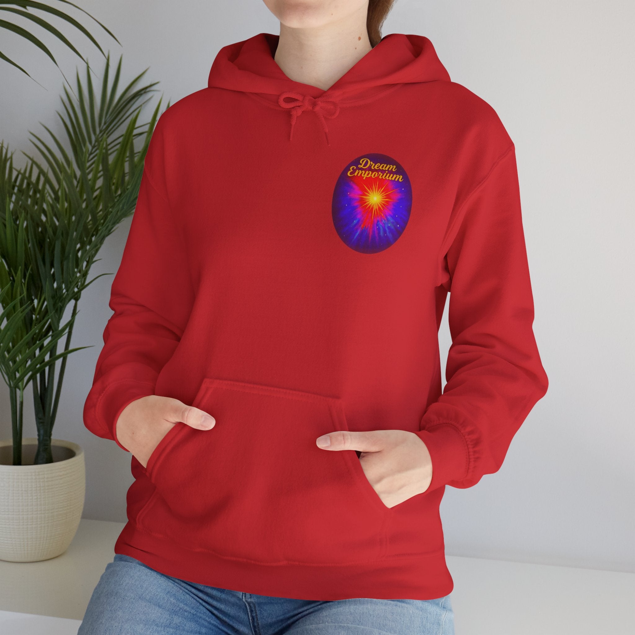 Dream Emporium – Back Printed Radiant Starburst Heavy Blend™ Hooded Sweatshirt, Inspirational and Motivational Apparel, Gift for Dreamers, Creative Expression Wear
