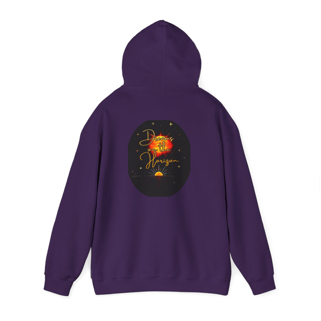 Dreams on the Horizon Sunrise Back Print Hooded Sweatshirt, Inspirational and Motivational Apparel, Gift for Dreamers, Creative Expression Wear
