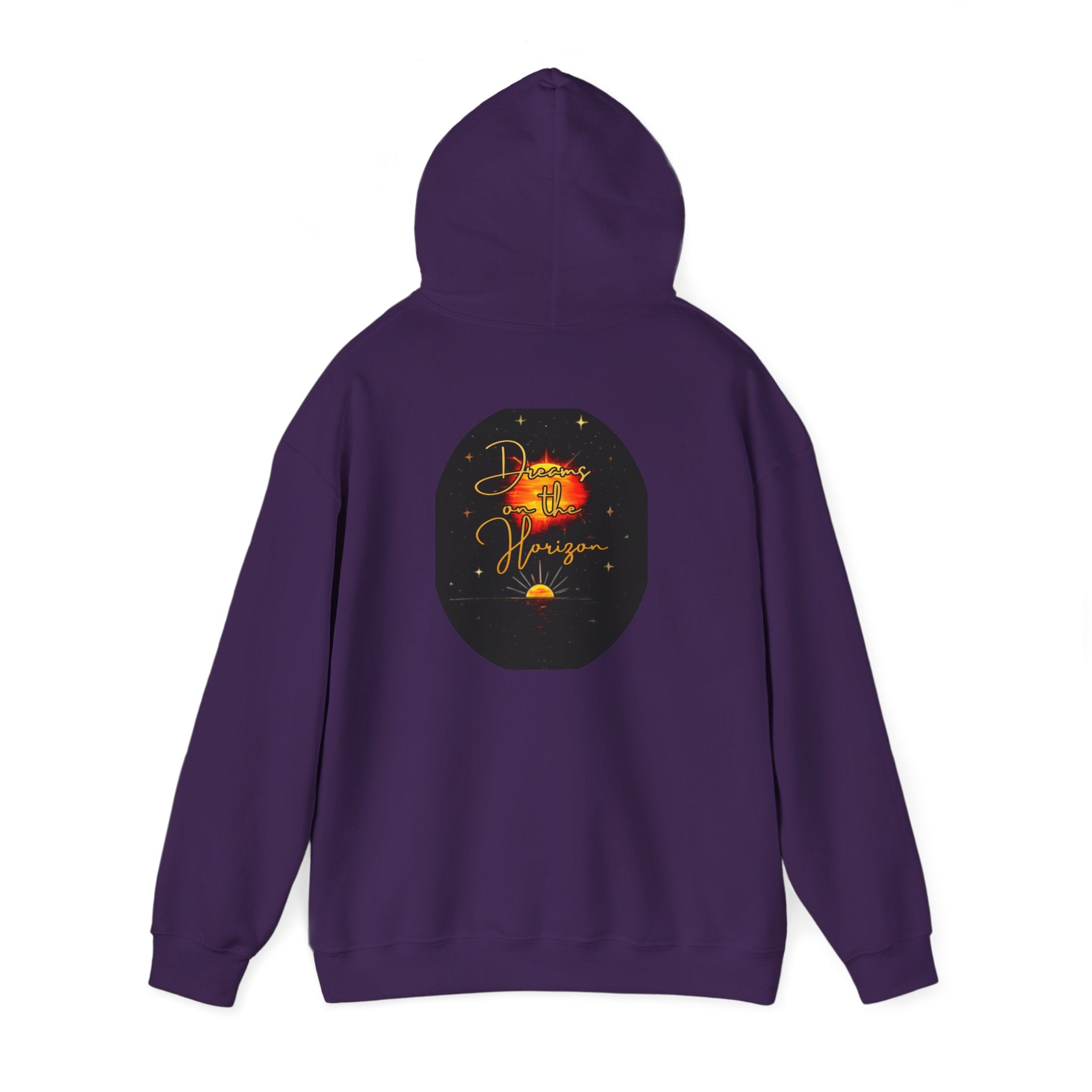 Dreams on the Horizon Sunrise Back Print Hooded Sweatshirt, Inspirational and Motivational Apparel, Gift for Dreamers, Creative Expression Wear