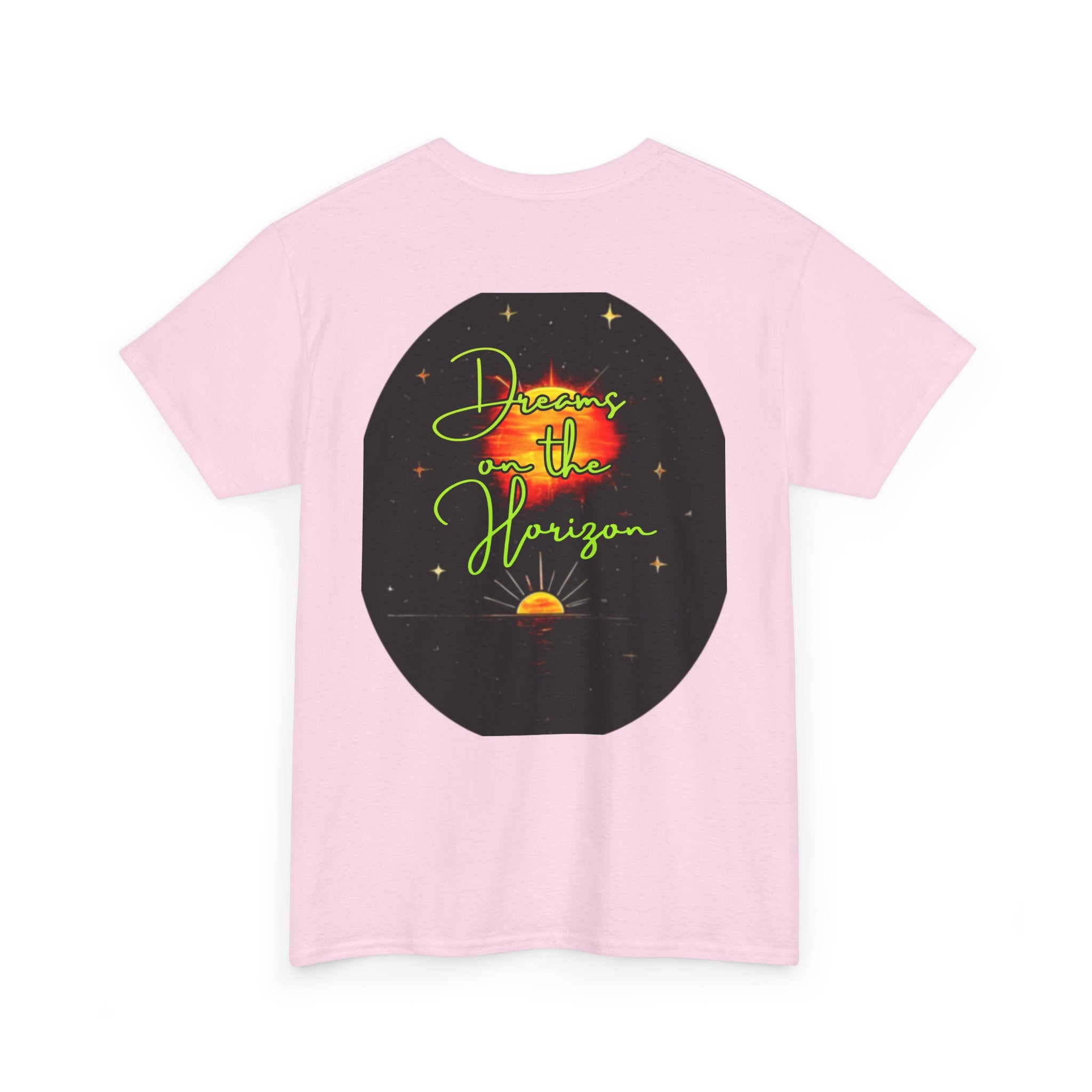 Dreams on the Horizon (Lemongrass) – Sunrise Back-Print Heavy Cotton Tee, Inspirational and Motivational Apparel, Gift for Dreamers, Creative Expression Wear