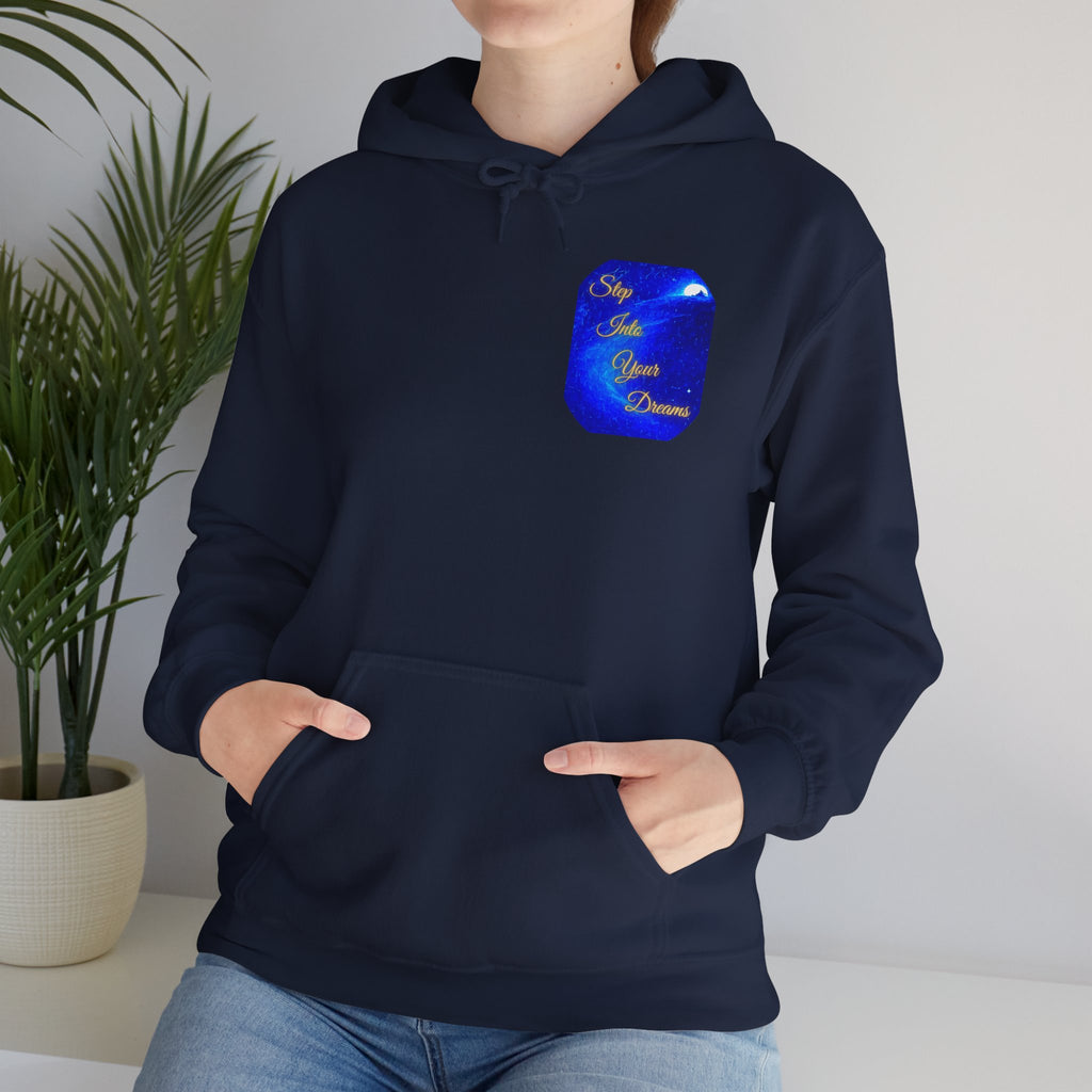 Step Into Your Dreams – Cosmic Gateway Back-print Hoodie | Tiny front badge | Gildan Heavy Blend™. Inspirational and Motivational Apparel, Gift for Dreamers, Creative Expression