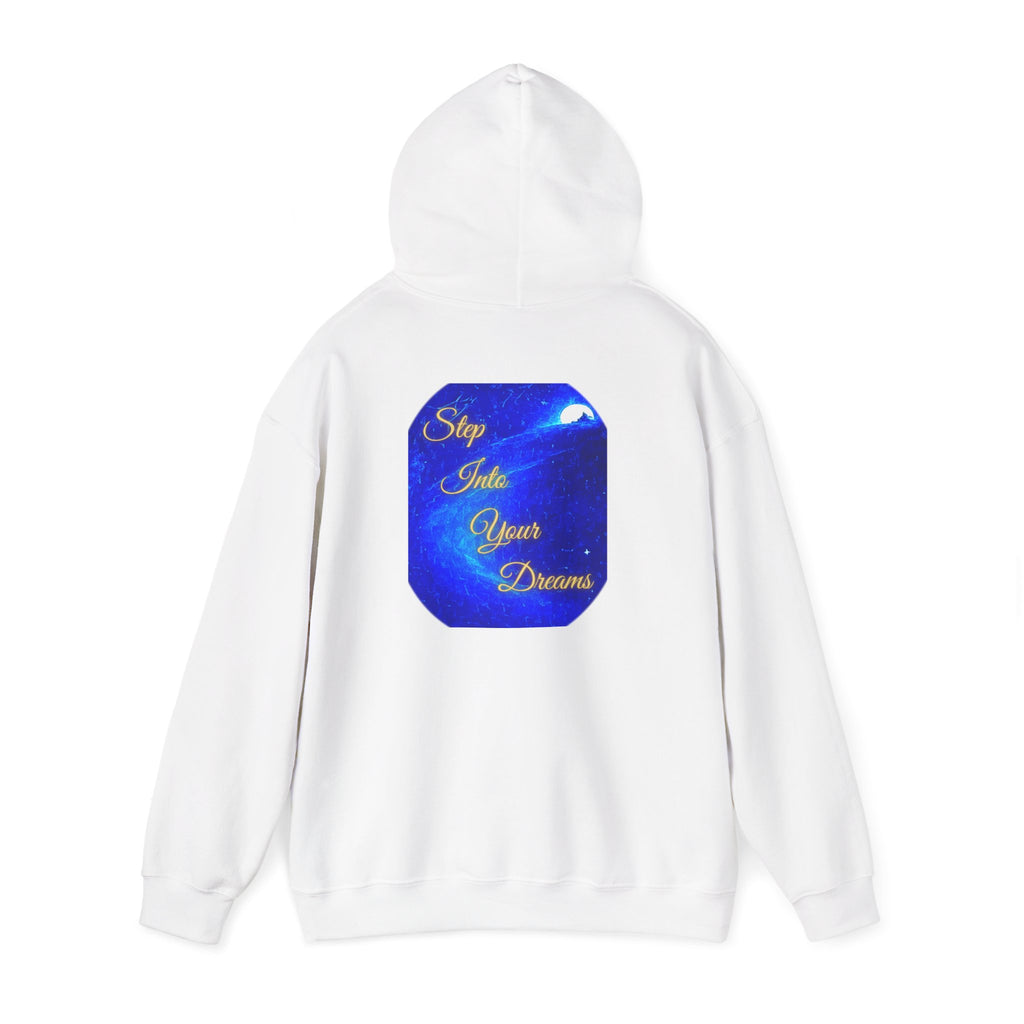 Step Into Your Dreams – Cosmic Gateway Back-print Hoodie | Tiny front badge | Gildan Heavy Blend™. Inspirational and Motivational Apparel, Gift for Dreamers, Creative Expression