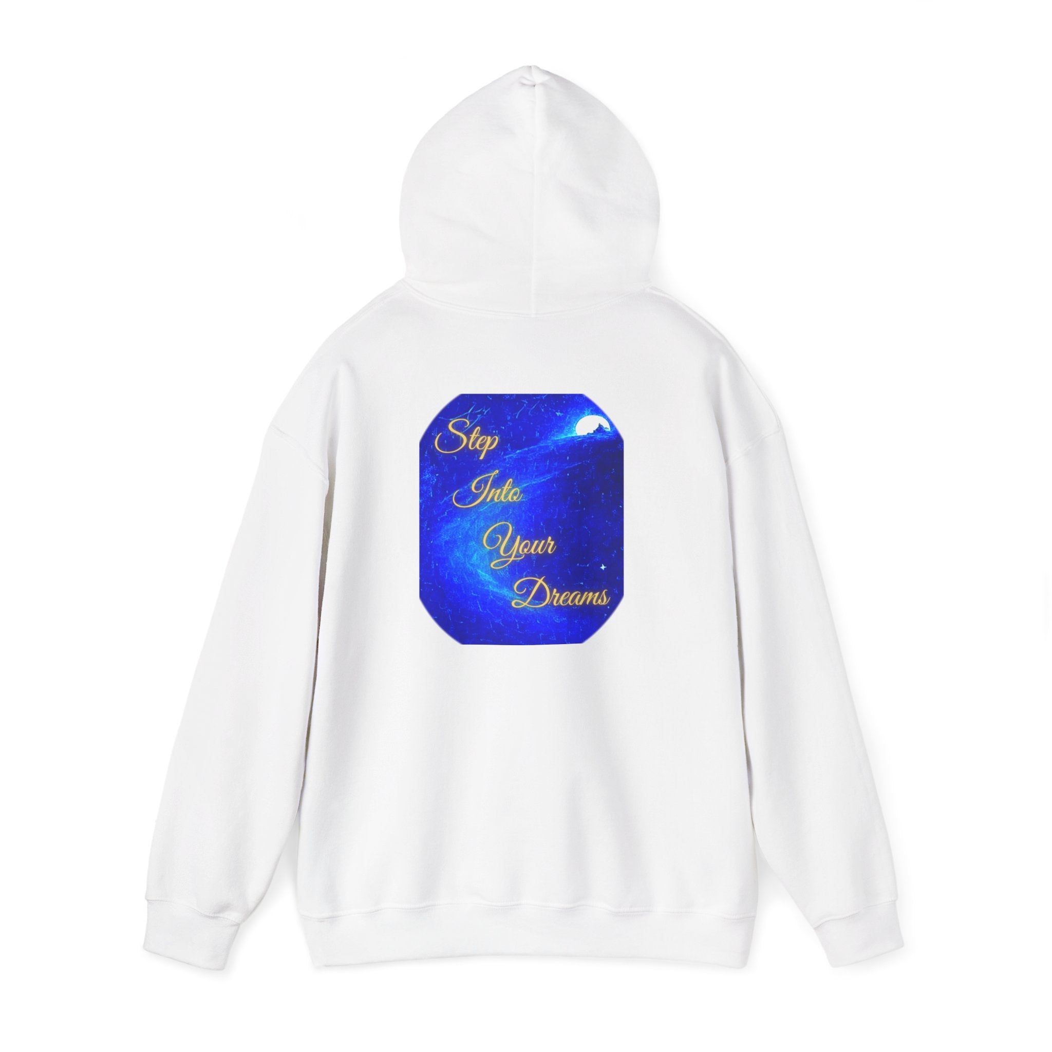 Step Into Your Dreams – Cosmic Gateway Back-print Hoodie | Tiny front badge | Gildan Heavy Blend™. Inspirational and Motivational Apparel, Gift for Dreamers, Creative Expression