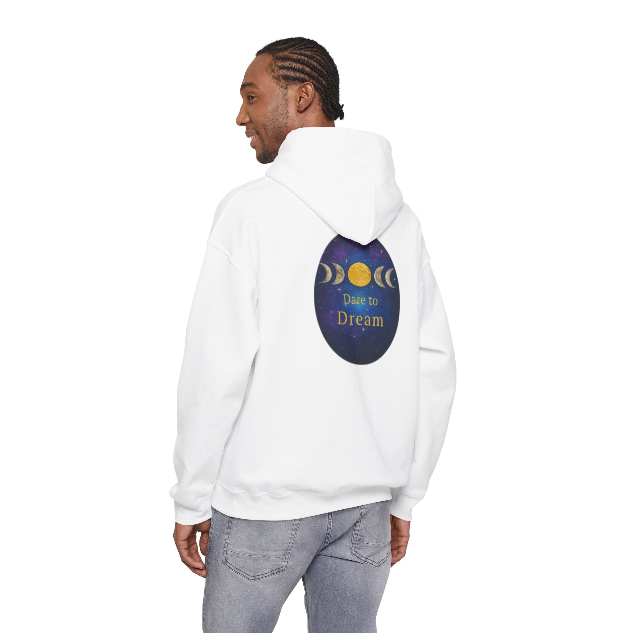 Dare to Dream Moon-Phase Hoodie | Back Glow Print + Front Badge | Heavy Blend™, Inspirational and Motivational Apparel, Gift for Dreamers, Creative Expression Wear