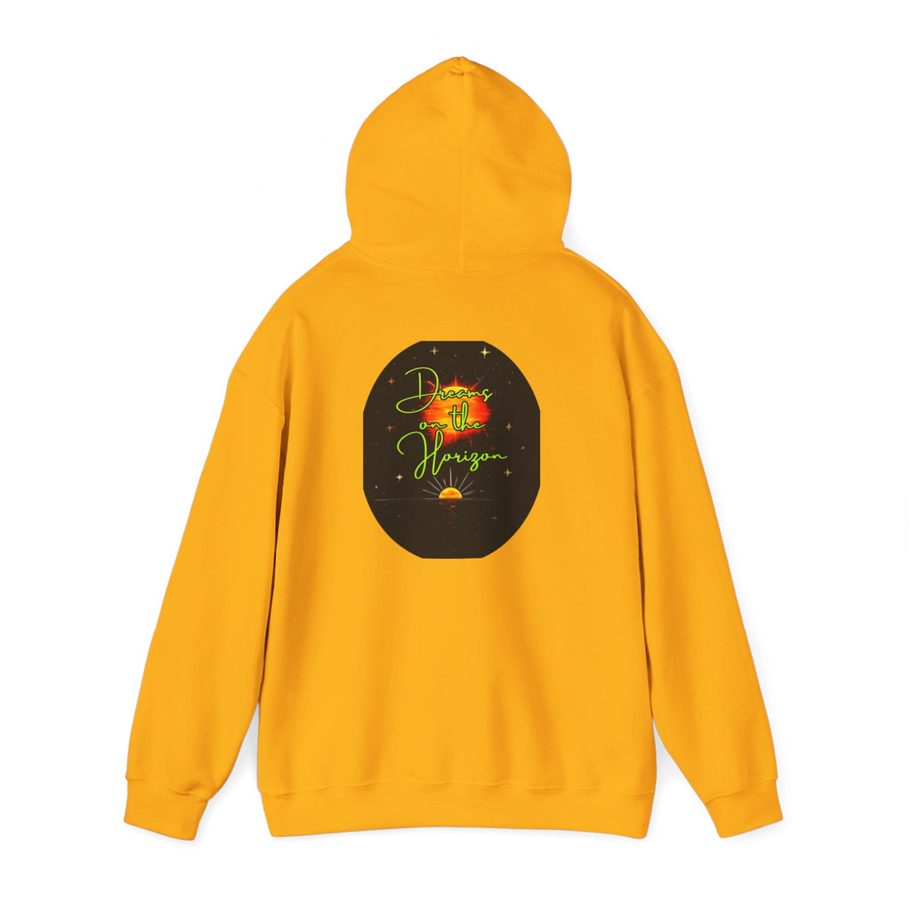 Dreams on the Horizon (Lemongrass) Sunrise Back Print Hooded Sweatshirt, Inspirational and Motivational Apparel, Gift for Dreamers, Creative Expression Wear