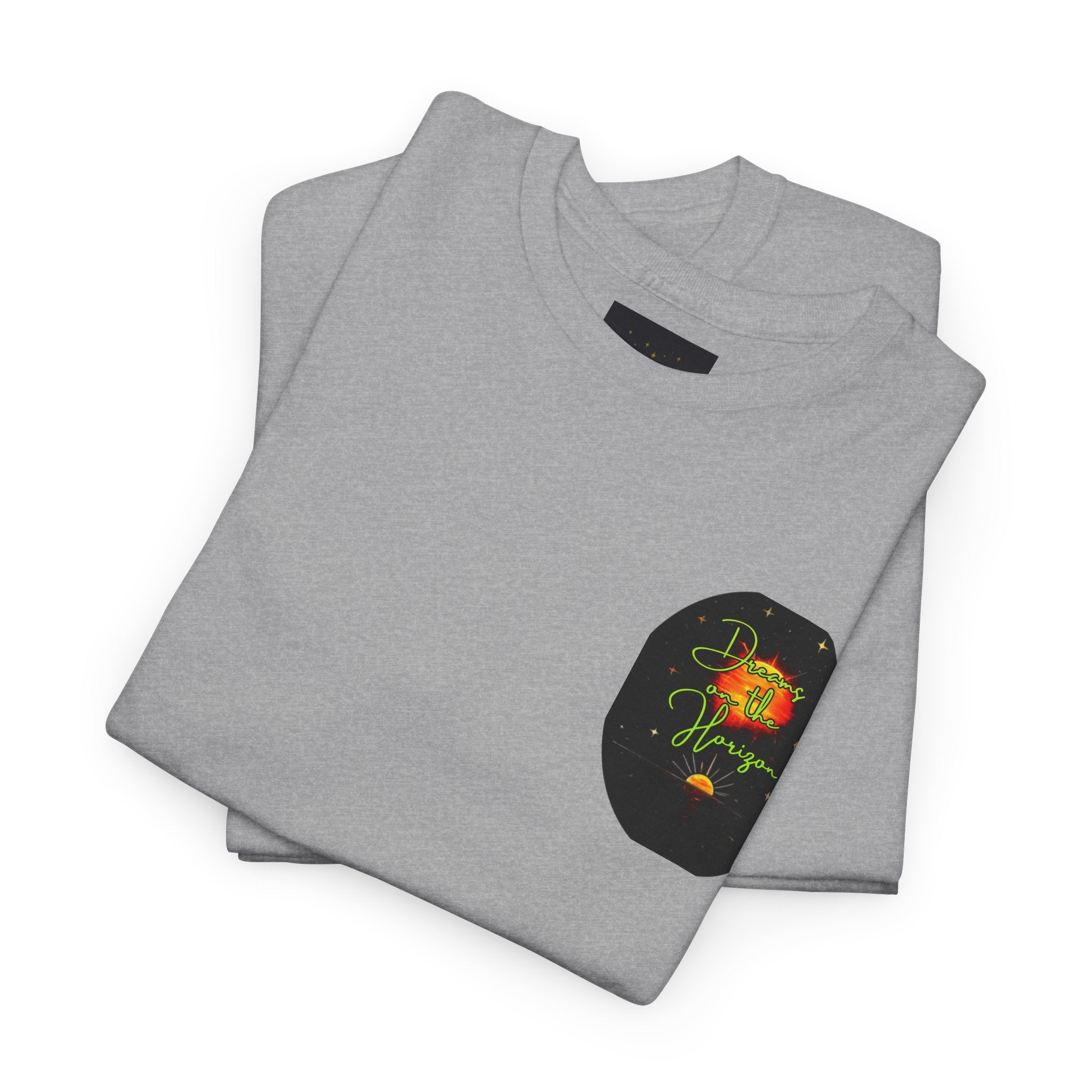 Dreams on the Horizon (Lemongrass) – Sunrise Back-Print Heavy Cotton Tee, Inspirational and Motivational Apparel, Gift for Dreamers, Creative Expression Wear