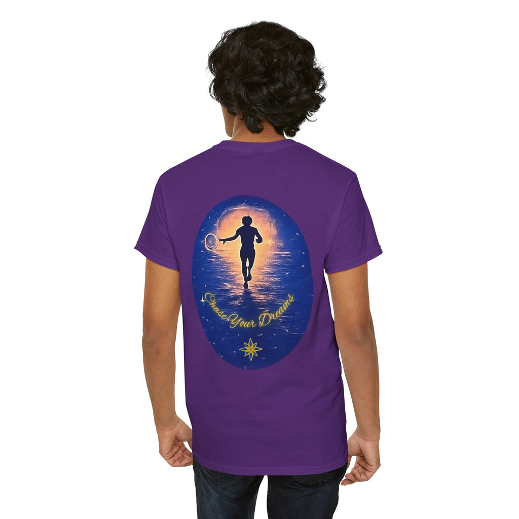 Chase Your Dreams – Sunrise Silhouette Back Printed Heavy Cotton Tee, Inspirational and Motivational Apparel, Gift for Dreamers, Creative Expression Wear