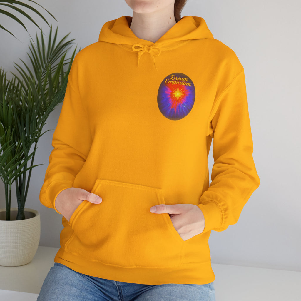 Dream Emporium – Back Printed Radiant Starburst Heavy Blend™ Hooded Sweatshirt, Inspirational and Motivational Apparel, Gift for Dreamers, Creative Expression Wear