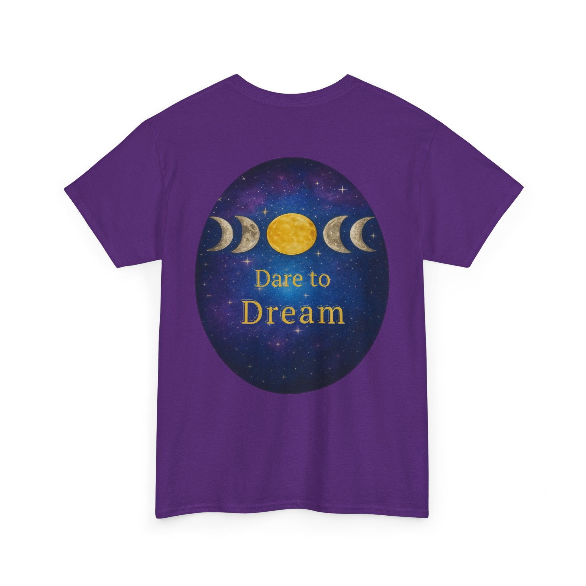 Dare to Dream Moon-Phase Tee – Golden Full Moon Back Print + Front Badge | Gildan 5000 Heavy Cotton, Inspirational and Motivational Apparel, Gift for Dreamers, Creative Expression Wear