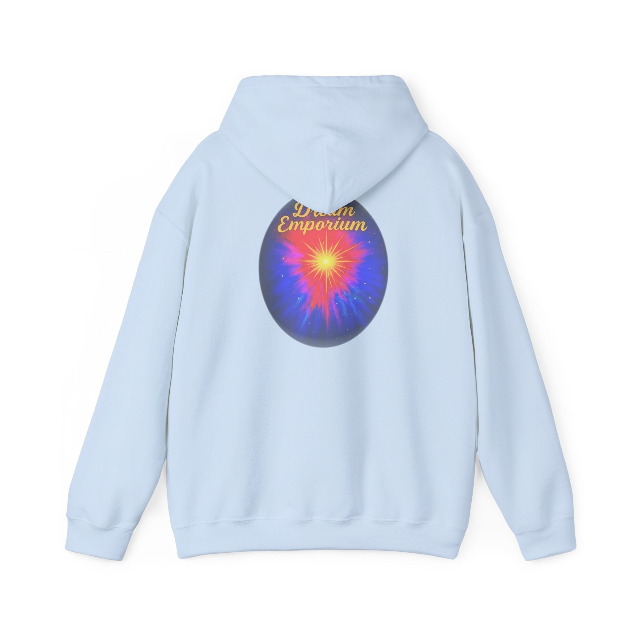 Dream Emporium – Back Printed Radiant Starburst Heavy Blend™ Hooded Sweatshirt, Inspirational and Motivational Apparel, Gift for Dreamers, Creative Expression Wear