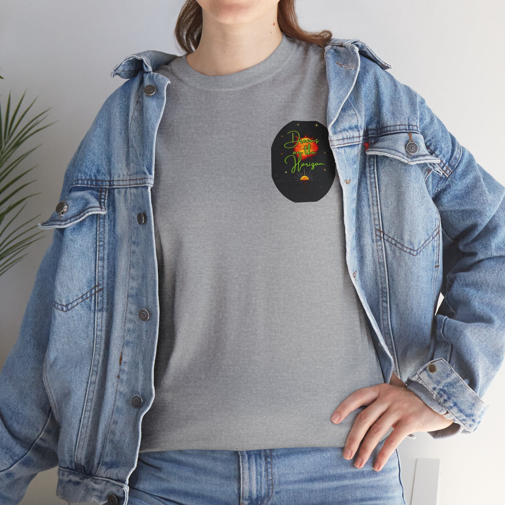 Dreams on the Horizon (Lemongrass) – Sunrise Back-Print Heavy Cotton Tee, Inspirational and Motivational Apparel, Gift for Dreamers, Creative Expression Wear