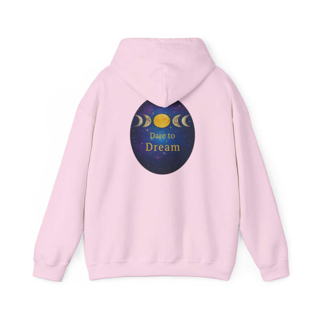 Dare to Dream Moon-Phase Hoodie | Back Glow Print + Front Badge | Heavy Blend™, Inspirational and Motivational Apparel, Gift for Dreamers, Creative Expression Wear