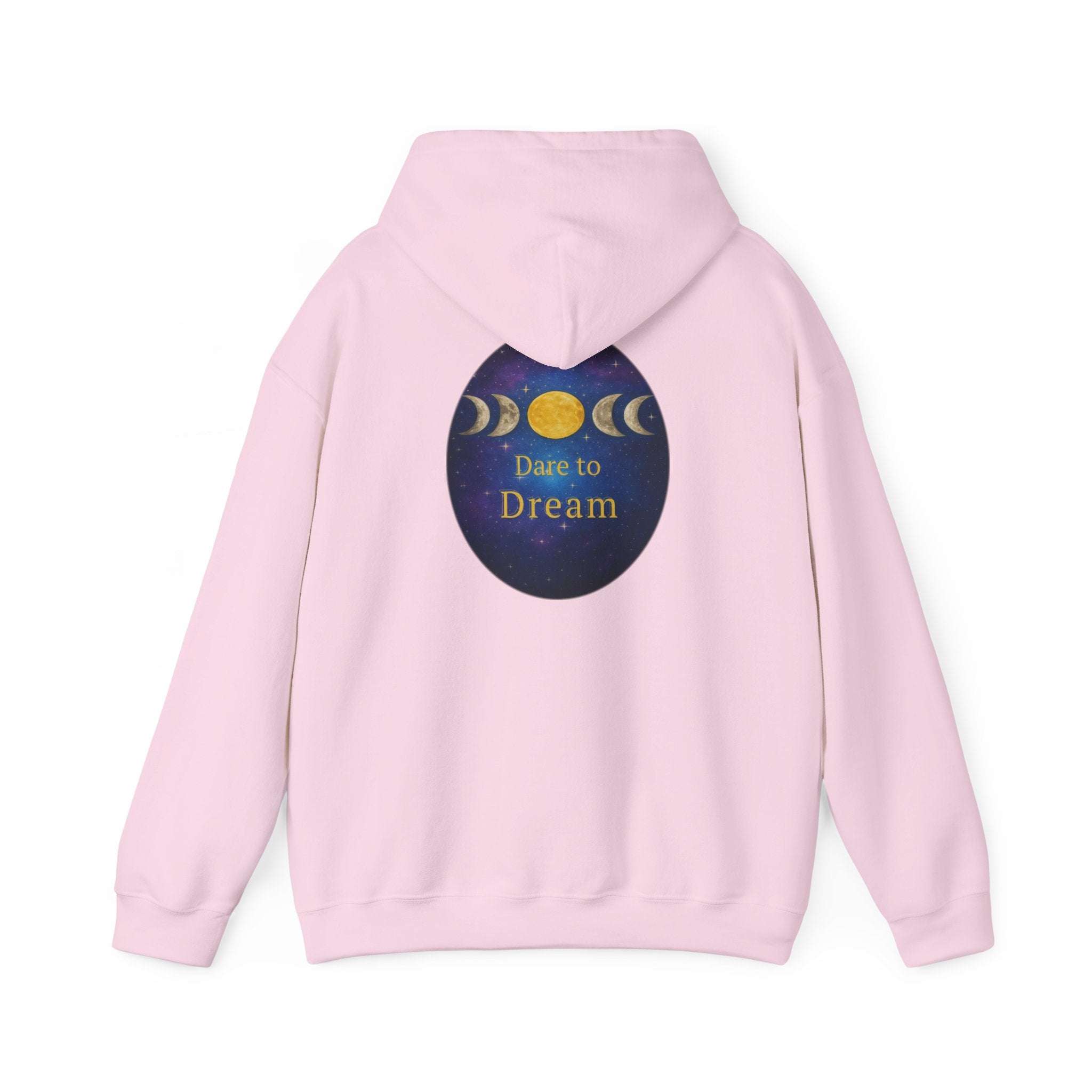 Dare to Dream Moon-Phase Hoodie | Back Glow Print + Front Badge | Heavy Blend™, Inspirational and Motivational Apparel, Gift for Dreamers, Creative Expression Wear