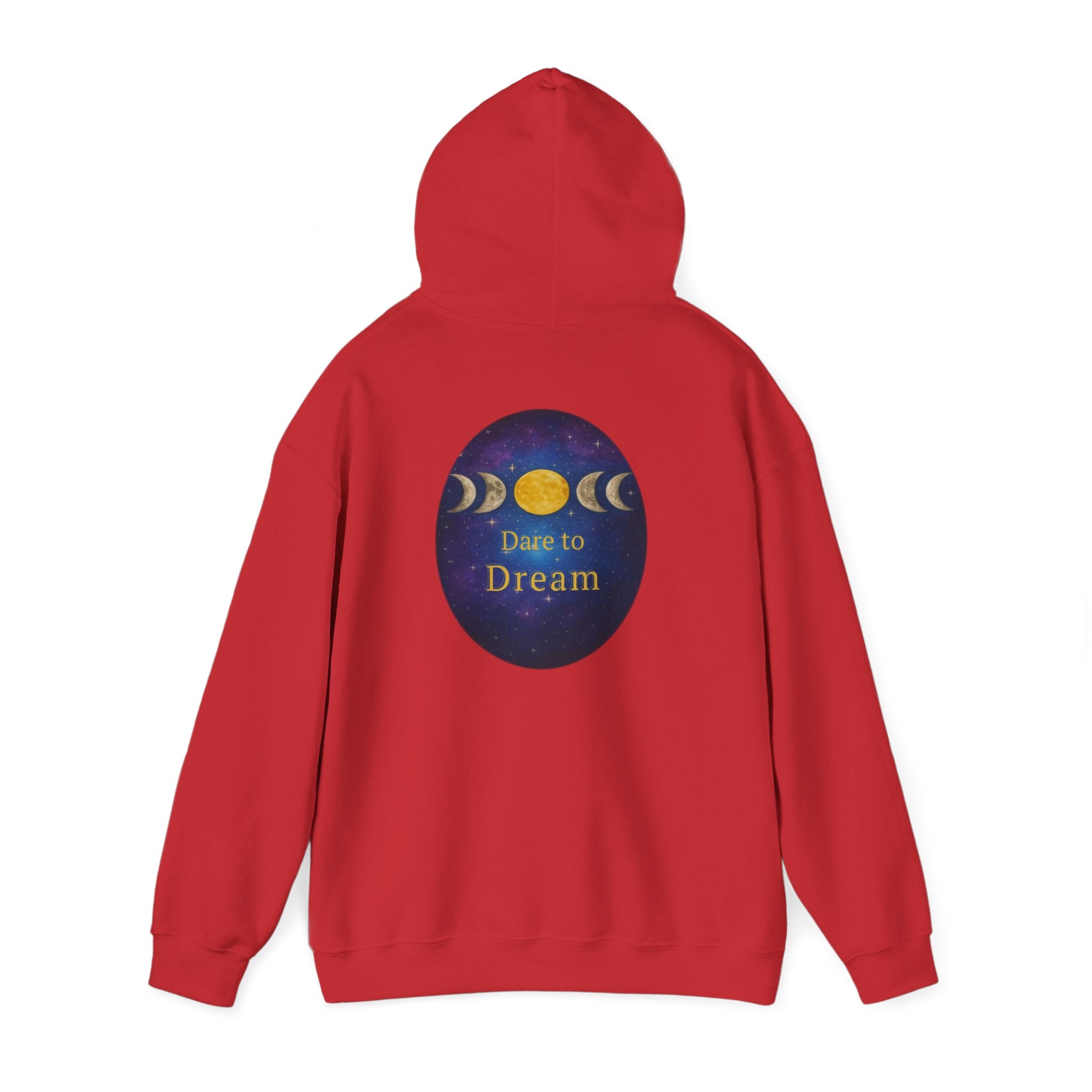 Dare to Dream Moon-Phase Hoodie | Back Glow Print + Front Badge | Heavy Blend™, Inspirational and Motivational Apparel, Gift for Dreamers, Creative Expression Wear