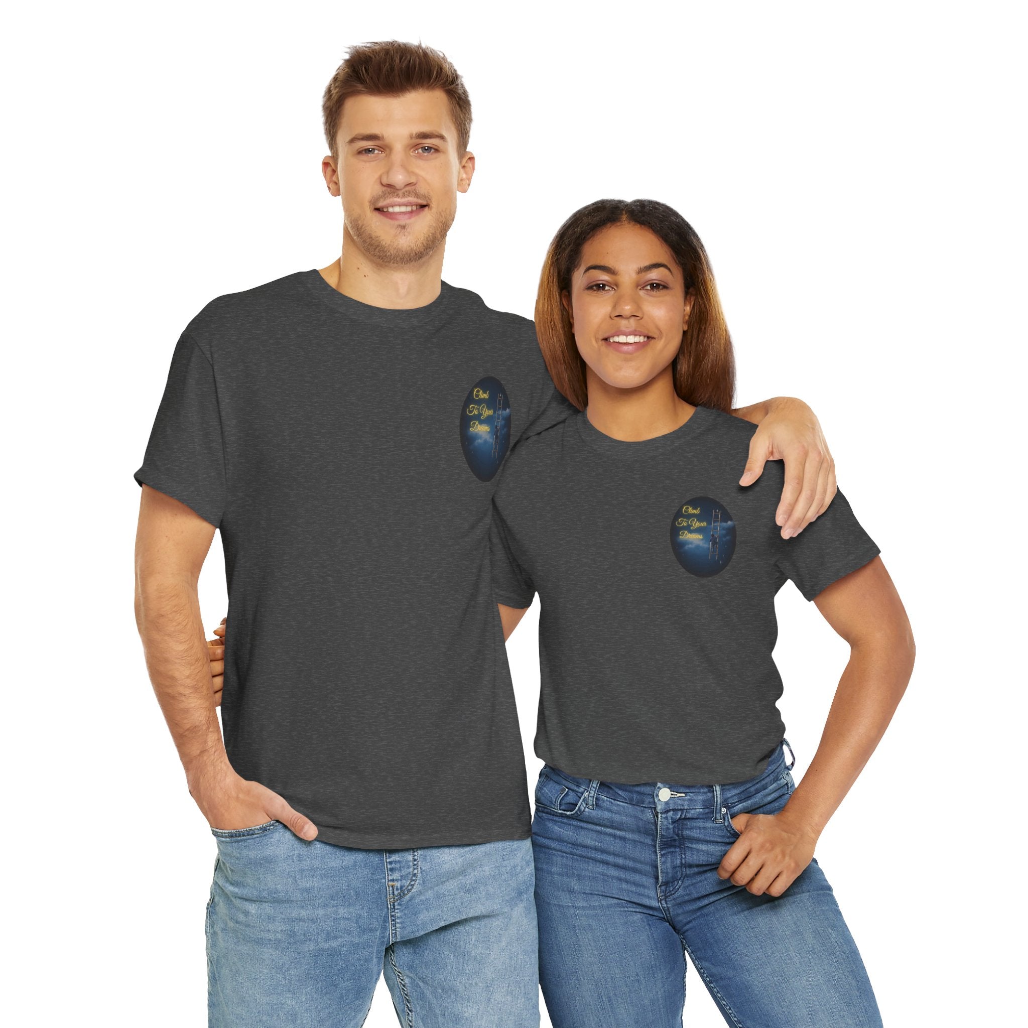 Climb To Your Dreams – Starry Night Ladder Back-Print Tee + Front Badge | Gildan 5000, Inspirational and Motivational Apparel, Gift for Dreamers, Creative Expression Wear